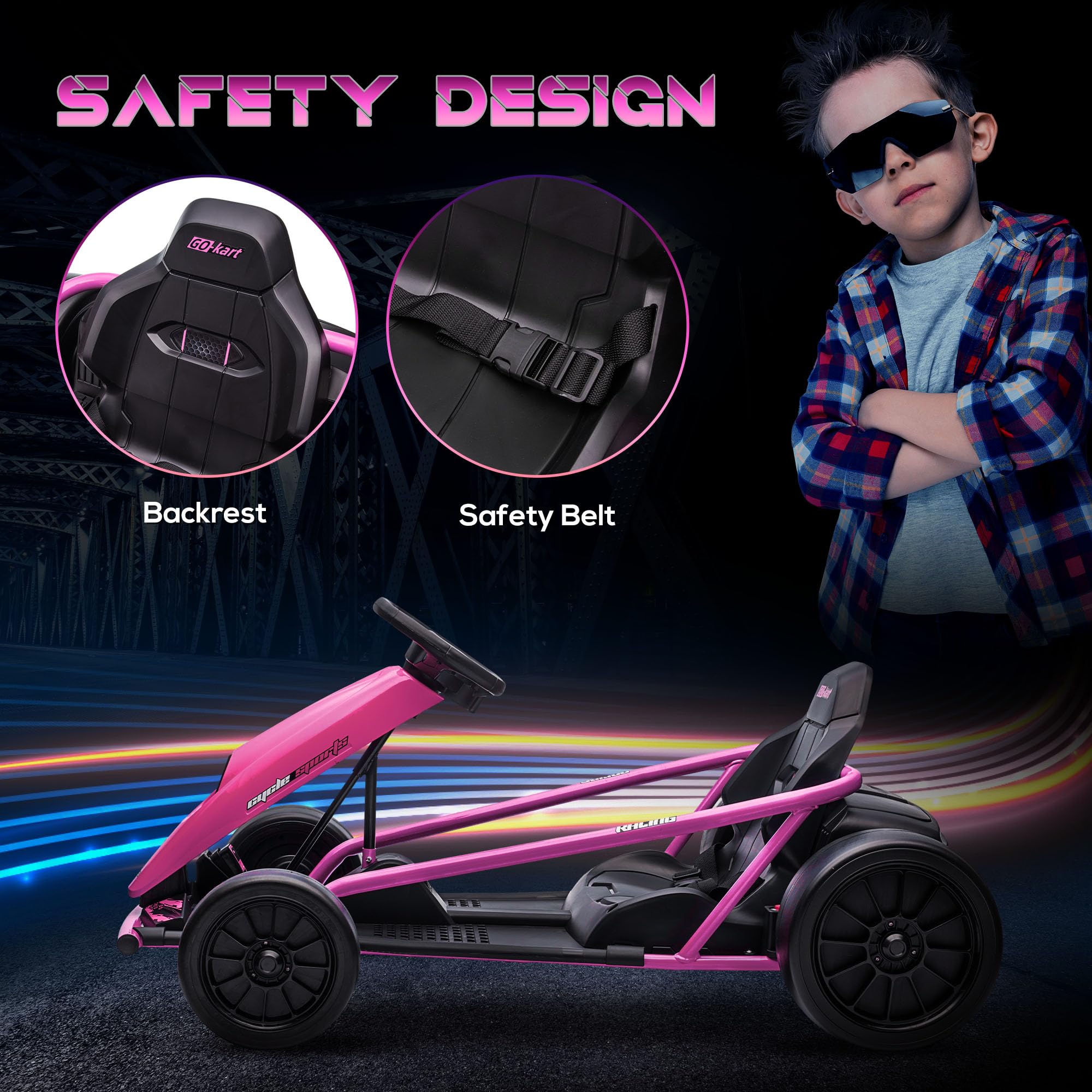 Aosom 24V 8.1 MPH Electric Go Kart for Kids - Battery Powered Drifting Ride-On Toy with Slow Start, Music, Horn & Safety Belt - Outdoor Fun for Ages 8-12 (Pink) | Perfect for Backyard Racing, Birthday Gifts & Outdoor Family Activities