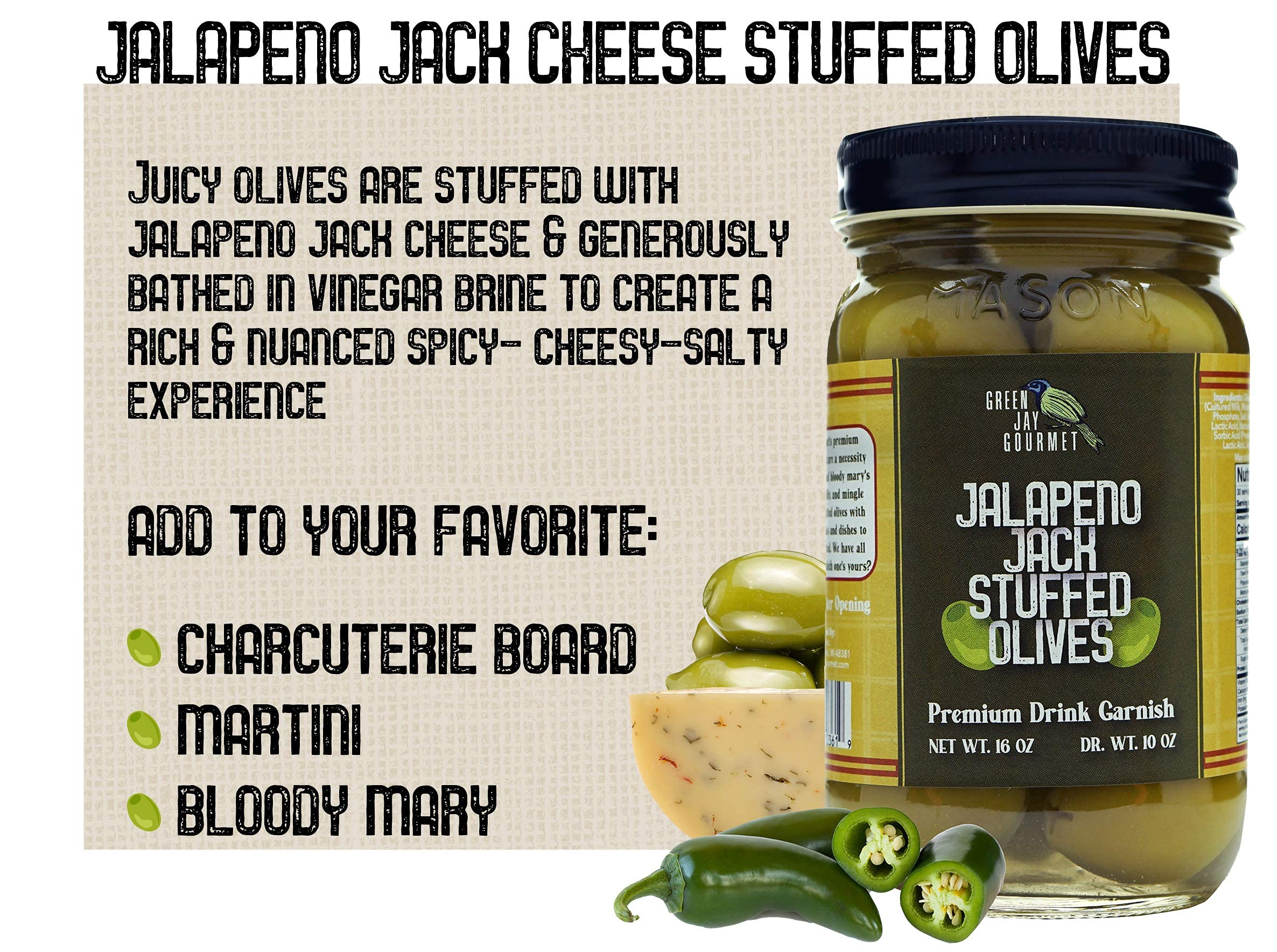 Premium Green Jay Gourmet Jalapeño Jack Cheese Stuffed Olives - All Natural Large Pitted Olives (16oz) for Dirty Martinis, Charcuterie Boards & Cocktail Garnish - Perfect for Parties, Gifts & Gourmet Snacking