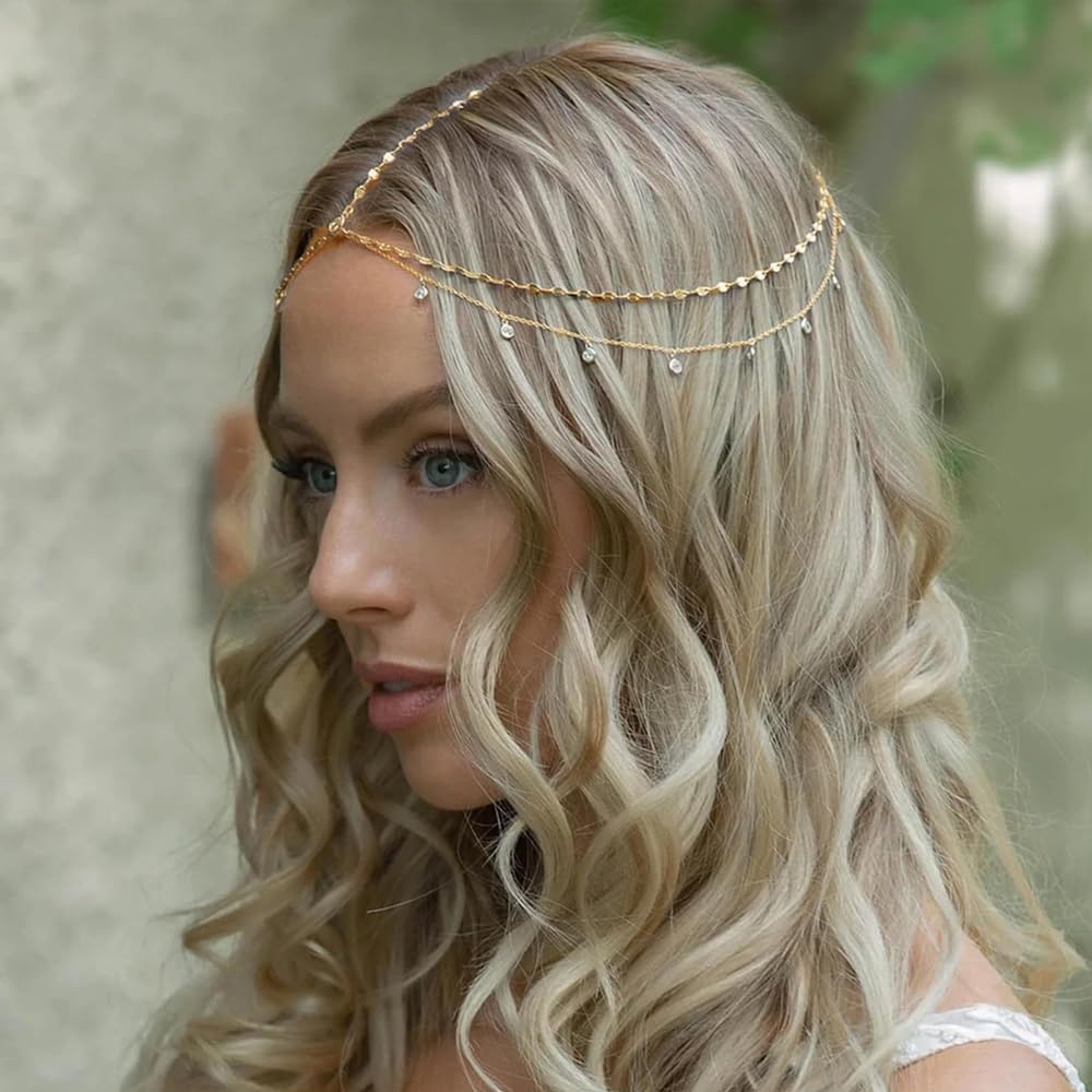 STONEFANS Silver Rhinestone Head Chain Jewelry - Elegant Bride Headpiece, Wedding Headbands, Layered Festival Prom Hair Accessories for Women & Girls (Gold) | Perfect for Weddings, Parties, and Special Occasions