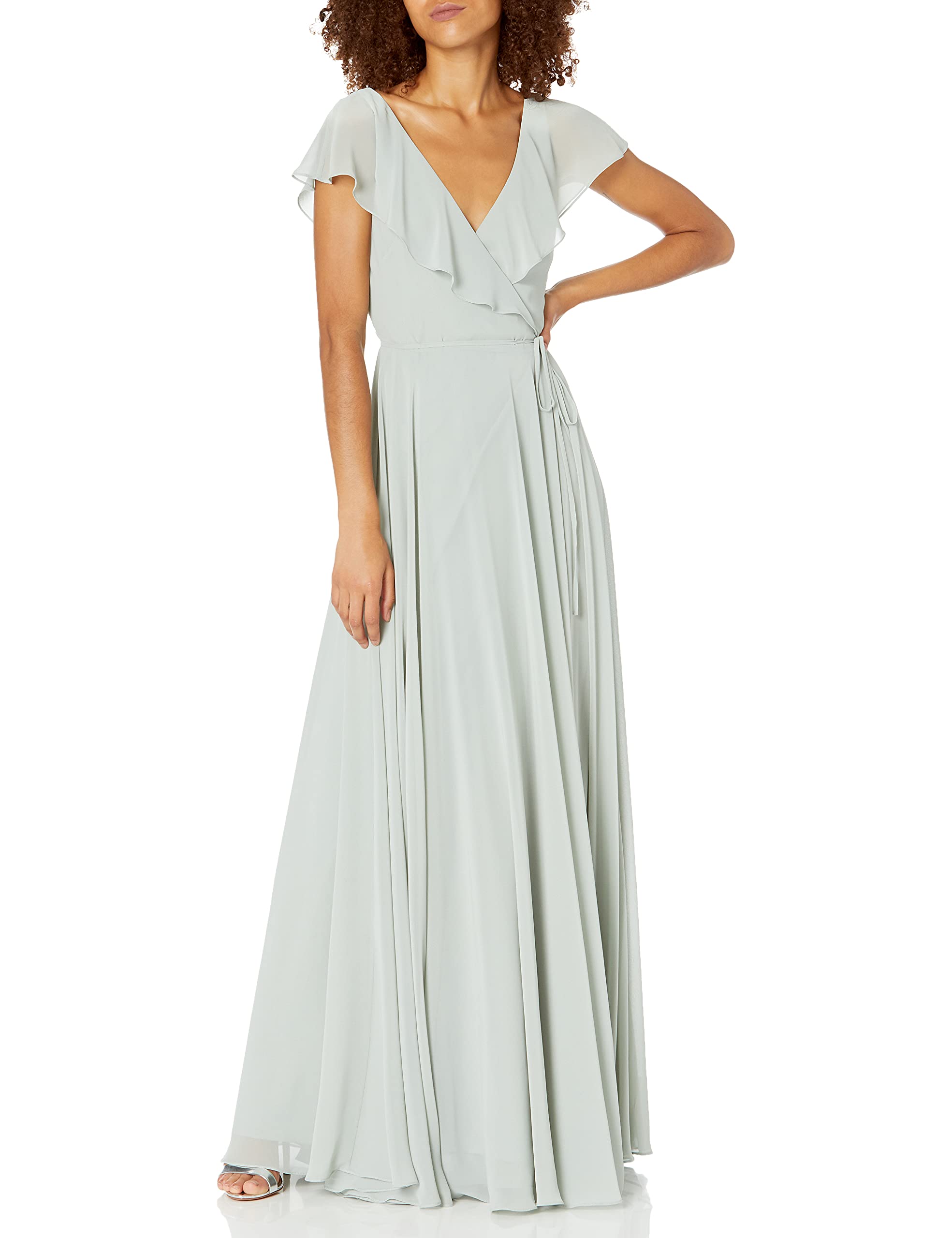 Jenny Yoo Women's Faye Flutter Sleeve V-Neck Long Chiffon Wrap Dress - Elegant Wedding Guest & Special Occasion Formal Gown