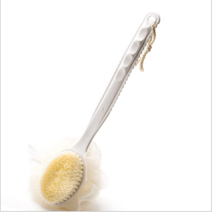 Adaamya® Exfoliating Shower Brush with Bristles & Loofah Sponge - Long Curved Handle Body Scrubber for Men & Women - Perfect for Dry Skin Care, Back Cleansing & Spa Relaxation (Color May Vary)