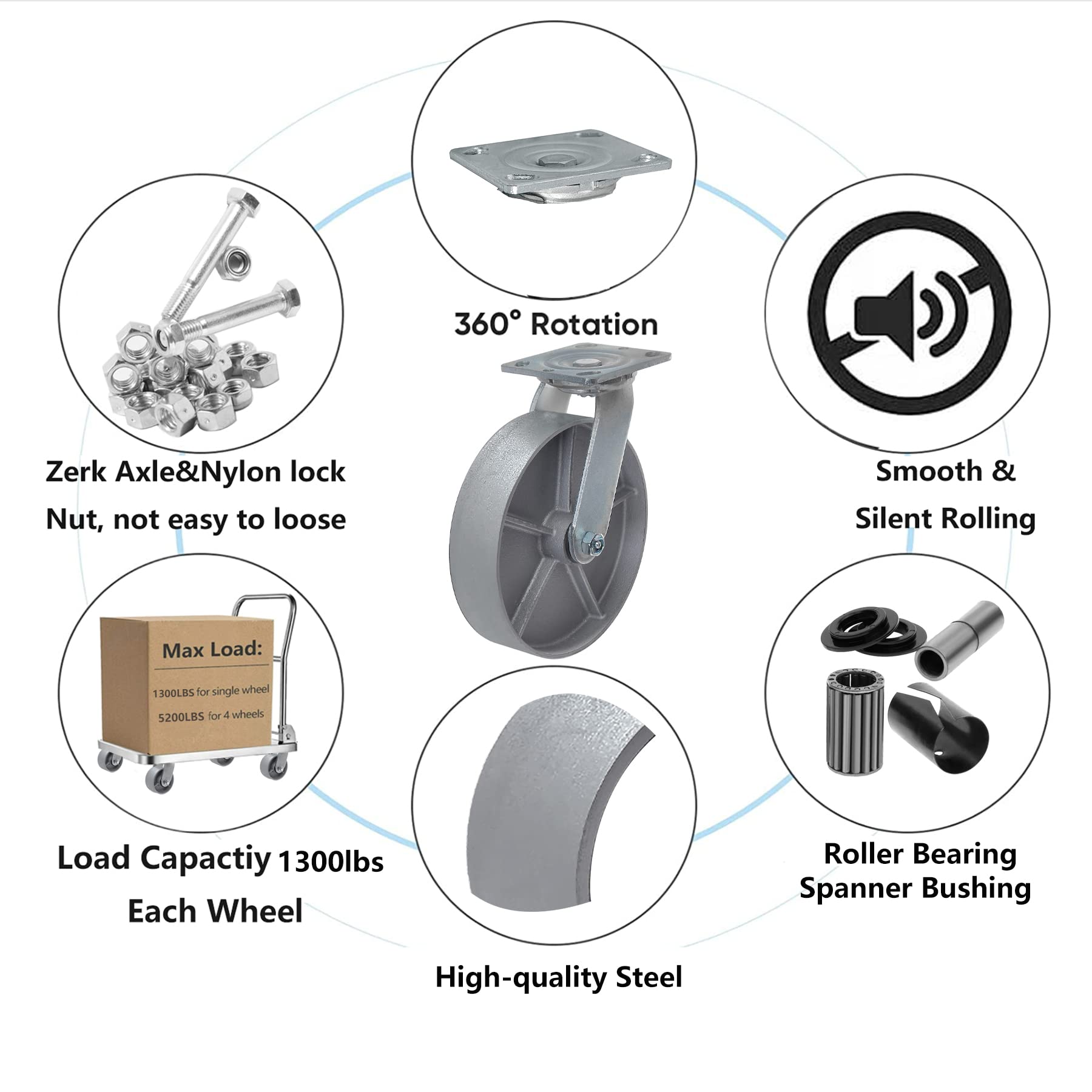 Heavy Duty 8 Inch Steel Cast Iron Caster Wheels - Set of 4 with Swivel for Tool Boxes, Workbenches & Industrial Equipment - 5200 LB Capacity - Perfect for Workshops, Garages & Warehouse Applications