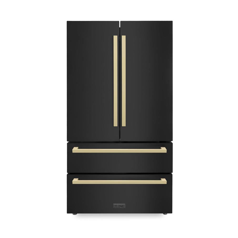 ZLINE Autograph Edition 36-Inch Counter Depth French Door Refrigerator - 22.5 cu. ft. Capacity, Fingerprint Resistant Black Stainless Steel with Champagne Bronze Handles, Built-In Ice Maker | Modern Kitchen Appliance for Home, Restaurant & Office Use