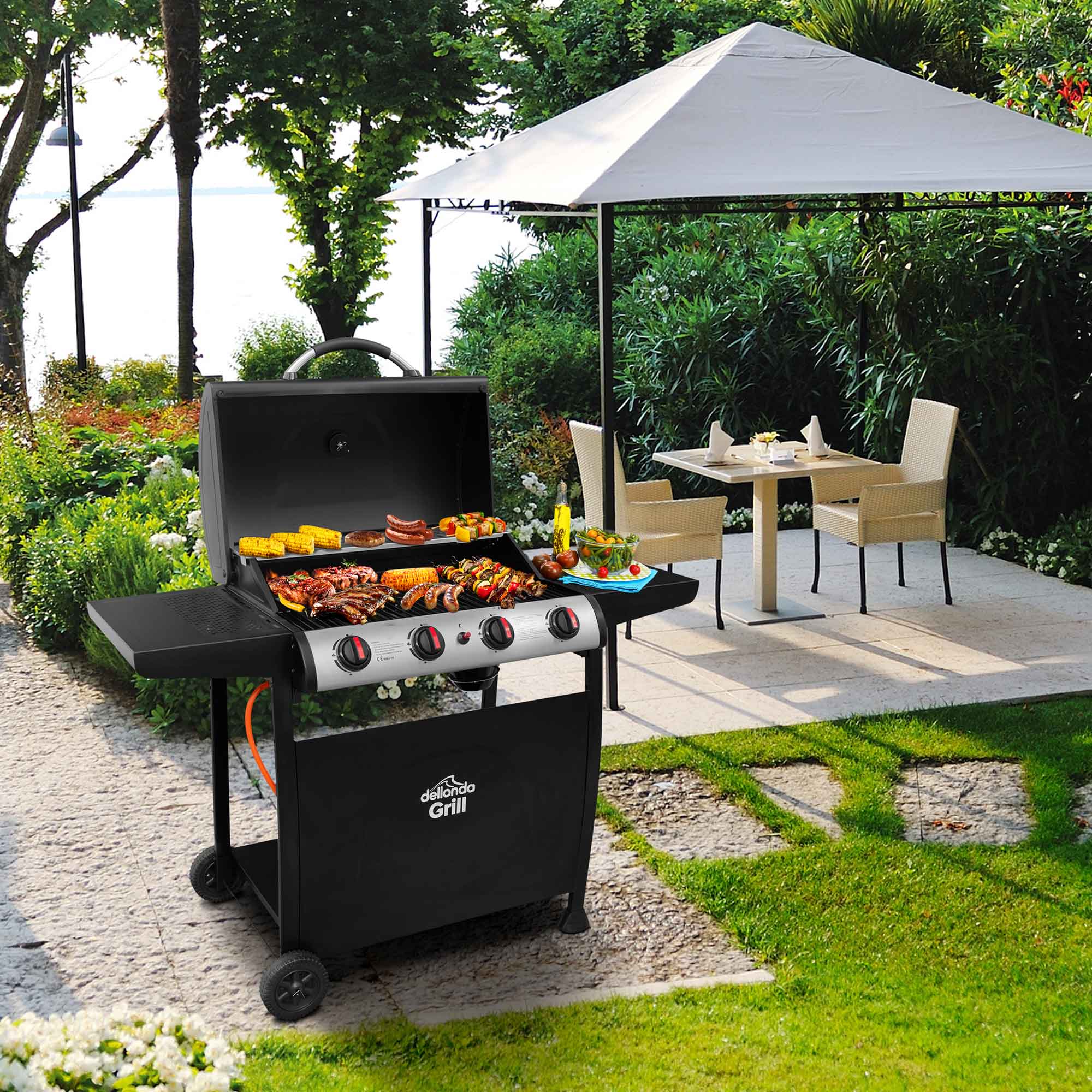 4 Burner Gas BBQ Grill with Piezo Ignition & Built-In Thermometer - Includes Cover - Black/Stainless Steel (Model DG229) - Perfect for Backyard Parties, Camping & Outdoor Cooking