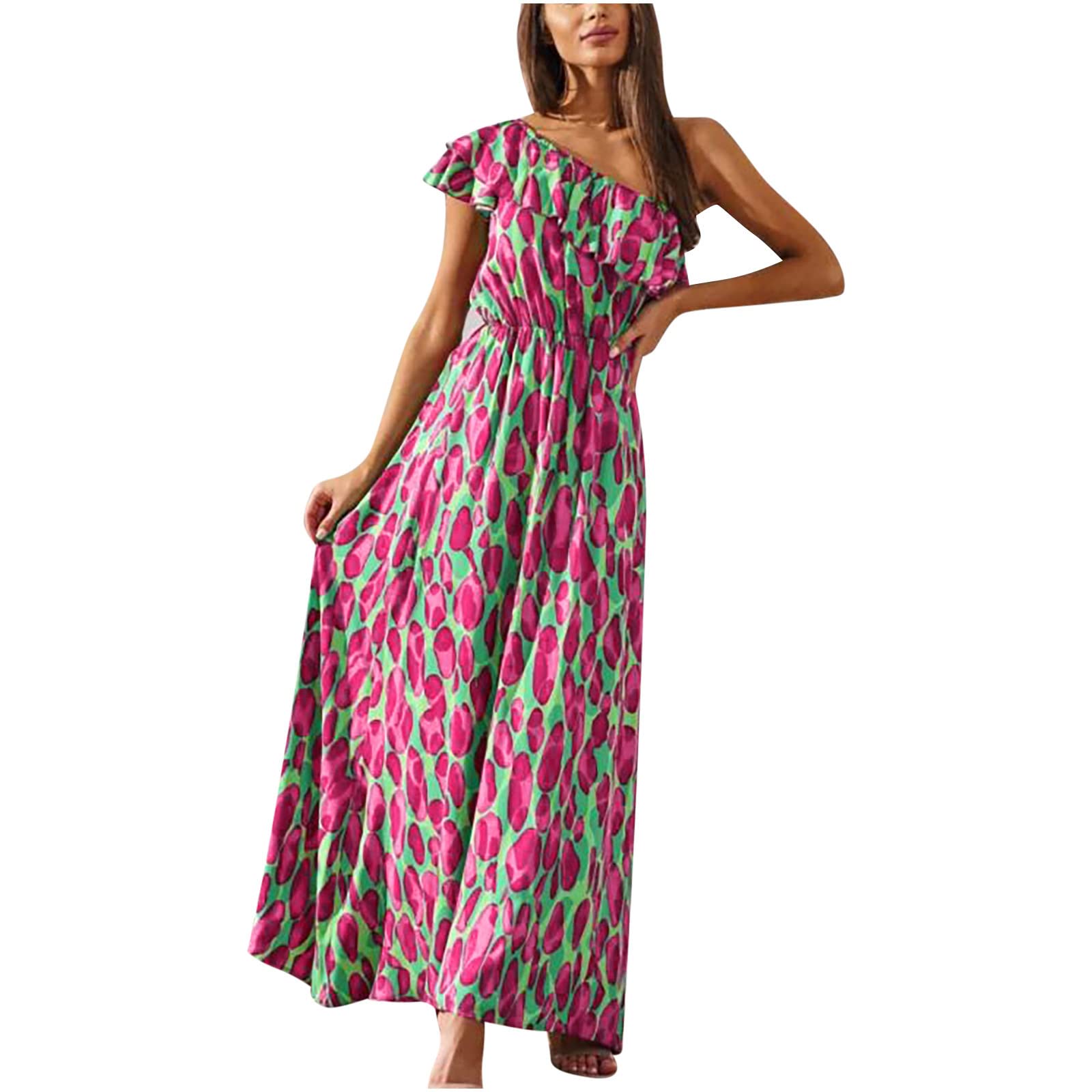 2023 Women's Summer Dresses - Boho One Shoulder Sleeveless Maxi Dress with Elastic Waist | Beach Sundress & Casual Wear | Perfect for Vacations, Pool Parties and Summer Outings