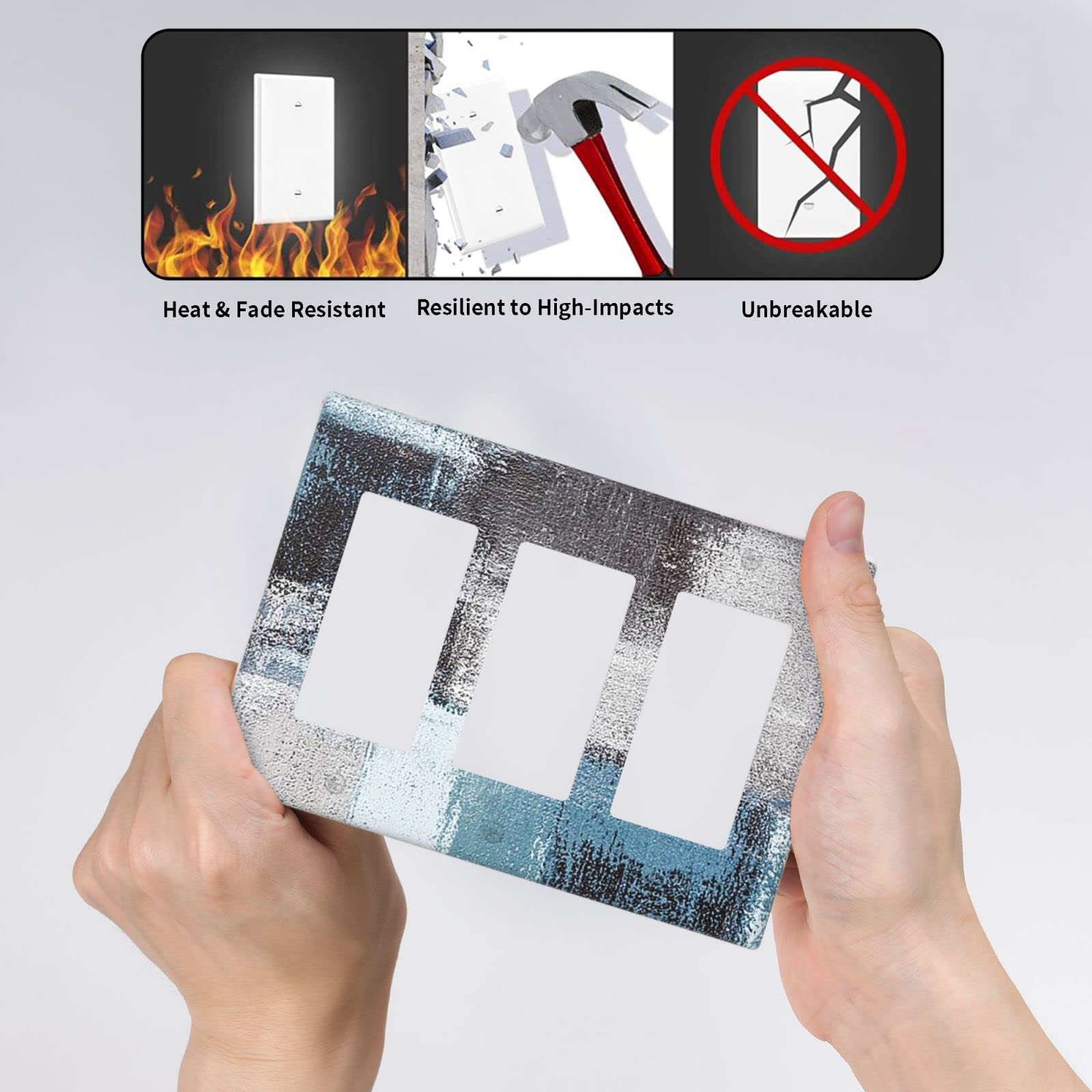 Abstract Blue Gray Black Triple Rocker Light Switch Cover - Decorative 3 Gang Wall Plate for Home & Office - Funny Lightswitch Faceplate 4.5 x 6.38 Inch - Perfect for Living Room, Bedroom, Kitchen & Modern Interior Design