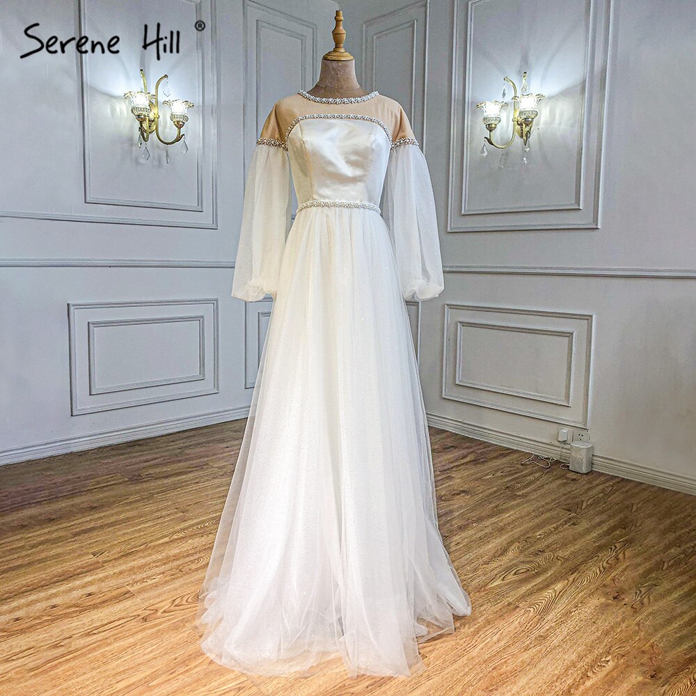 Serene Hill Ivory A-Line Sexy Evening Dresses for Women 2025 - Beaded Pearl Lantern Sleeve Gowns for Parties, Prom & Formal Events | LA71190