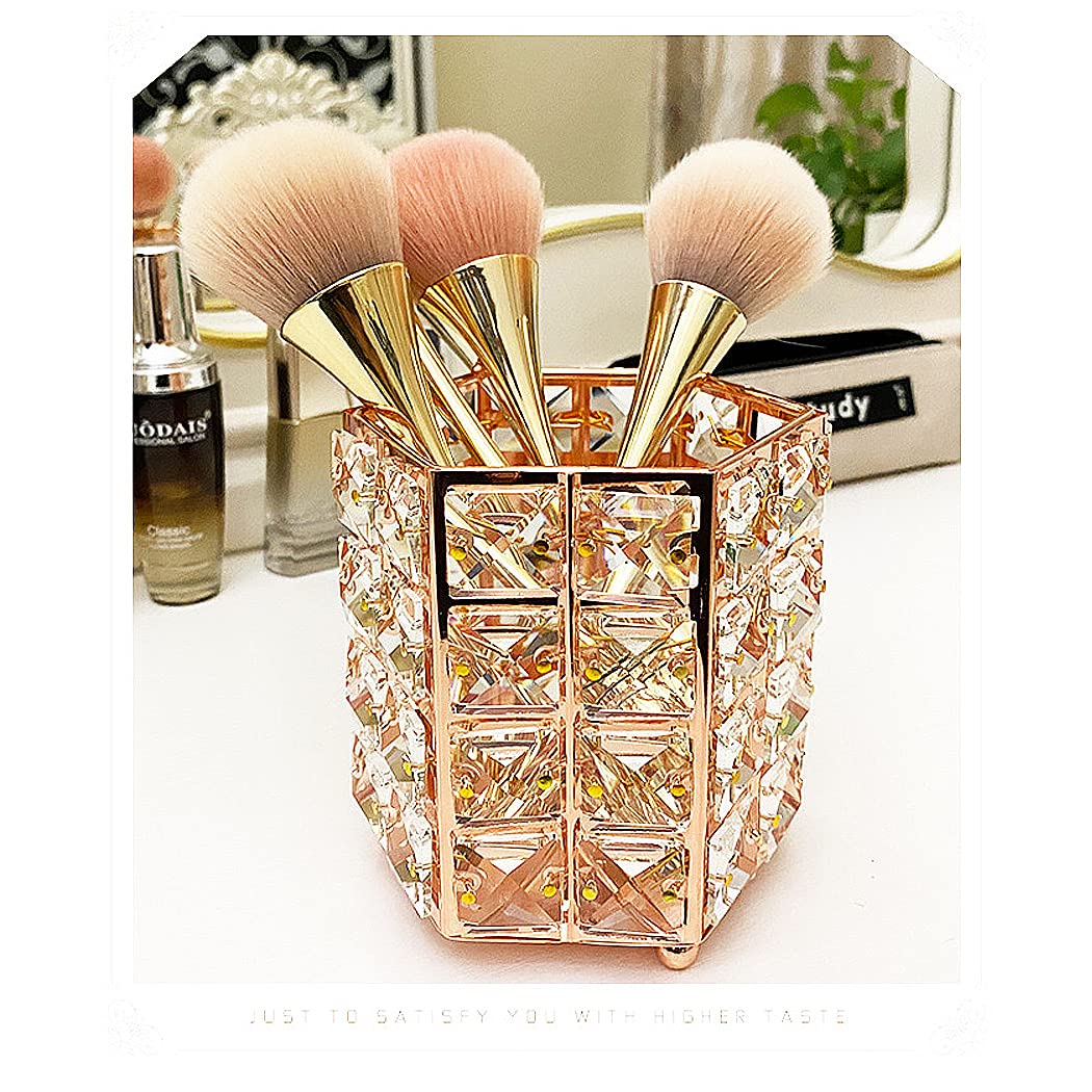Handmade Crystal Makeup Brush Holder & Eyebrow Pencil Organizer - Hexagon Gold Cosmetic Storage for Vanity, Bathroom, Office Desk | Perfect for Makeup Artists & Beauty Enthusiasts