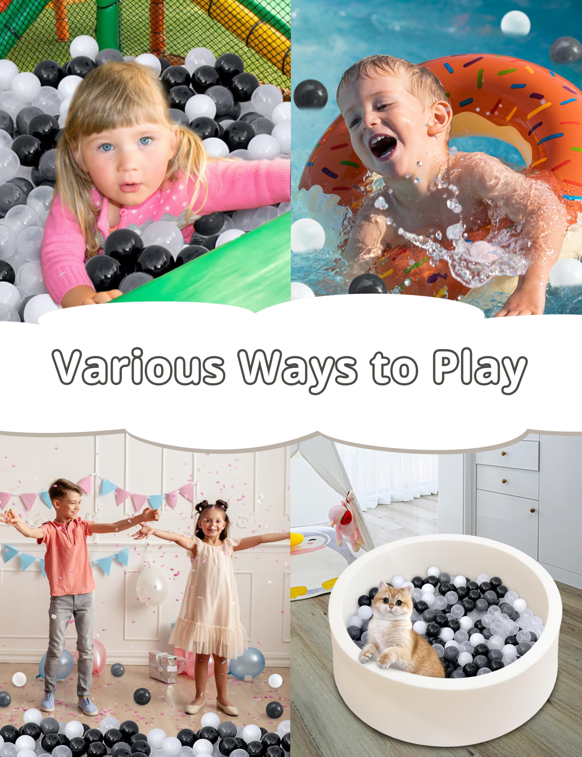 100 Phthalate-Free & BPA-Free Crush-Proof 2.16 Inch Multicolor Plastic Ball Pit Balls for Babies & Toddlers - Safe Playroom, Sensory Play, Birthday Gift (Black, White, Dark Gray, Clear)