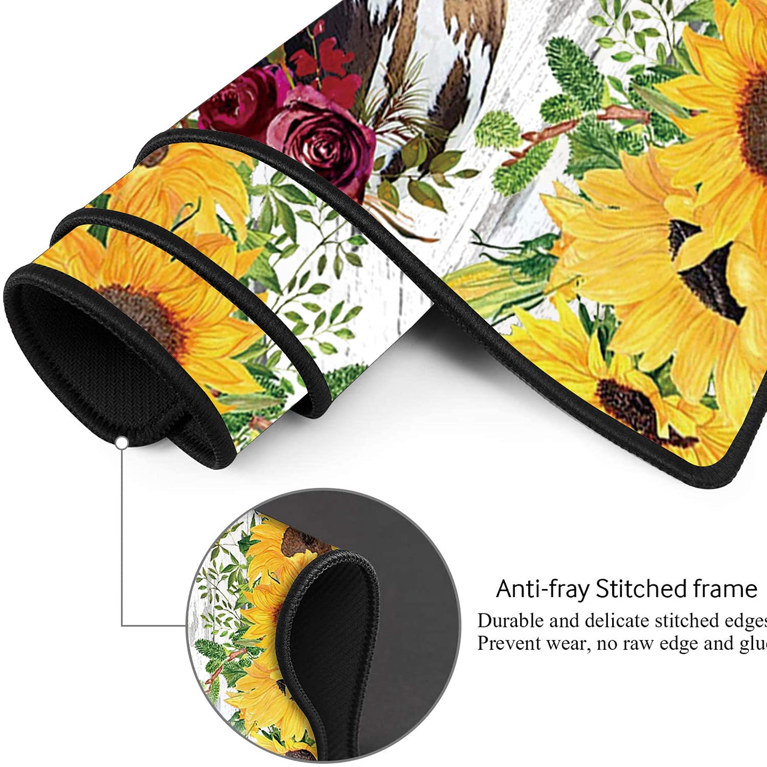 XXL Large Gaming Mouse Pad - Extended Ergonomic Computer Desk Mat with Non-Slip Rubber Base, Thick Keyboard & Mouse Pad with Cup Holder - Rustic Wooden Planks Texture Featuring Sunflowers & Cows Design - Perfect for Gaming, Office Work & Home Computer Setup