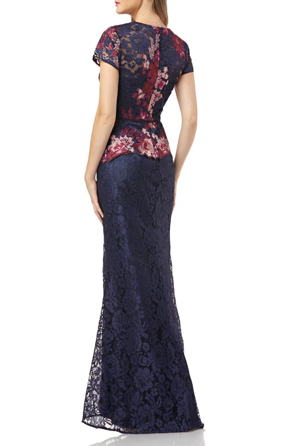 JS Collections Women's Lace Peplum Dress - Navy & Fuchsia Floral Print, Elegant Party Wear for Weddings, Cocktails & Special Occasions