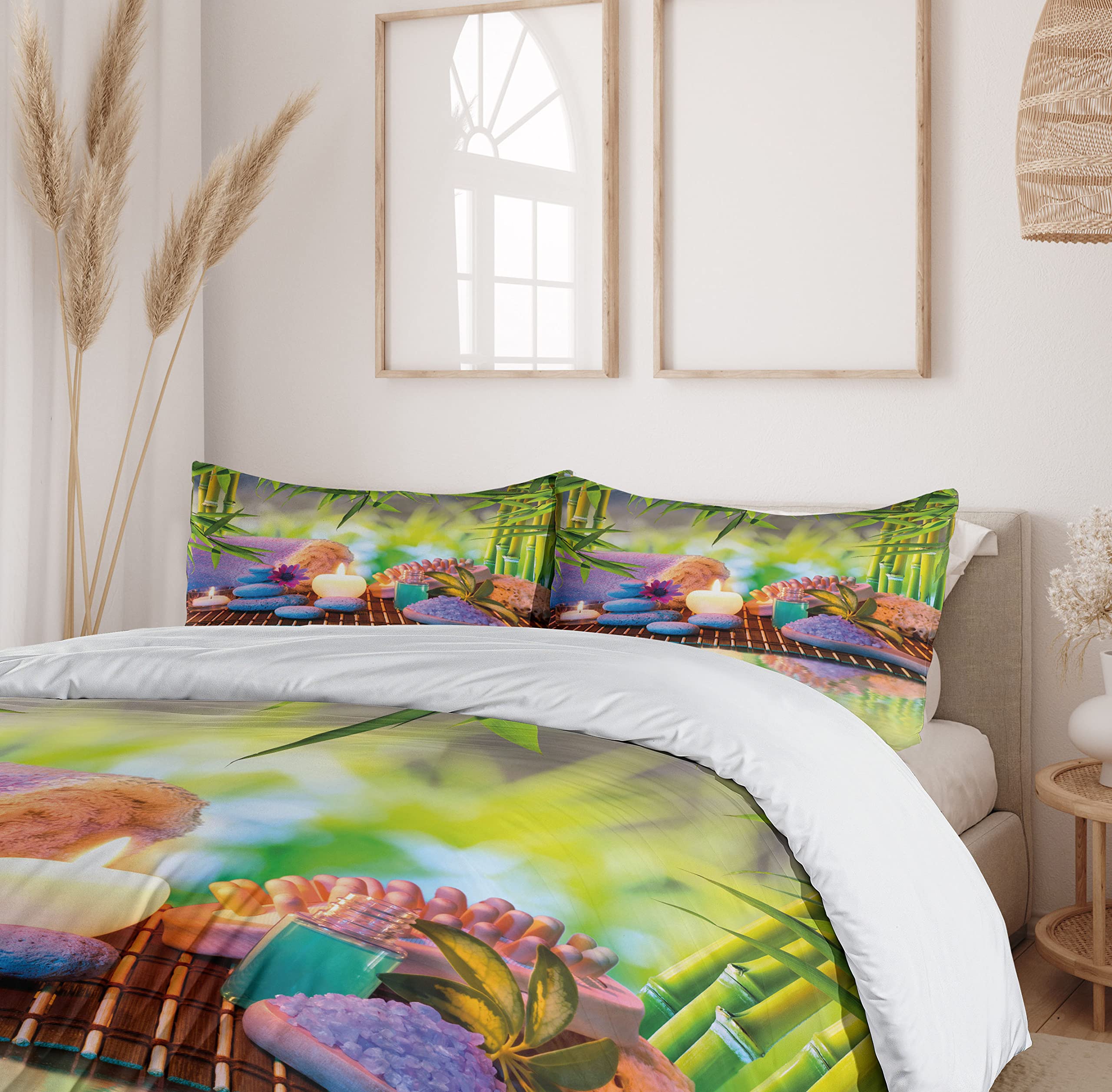 Ambesonne Spa Themed Duvet Cover Set - Eastern Folk Relaxation Botanical Trees Print with Stones & Candles, 3-Piece Bedding Set (2 Pillow Shams) for California King Size Bed | Perfect for Zen Bedrooms, Spa Retreats & Meditation Spaces