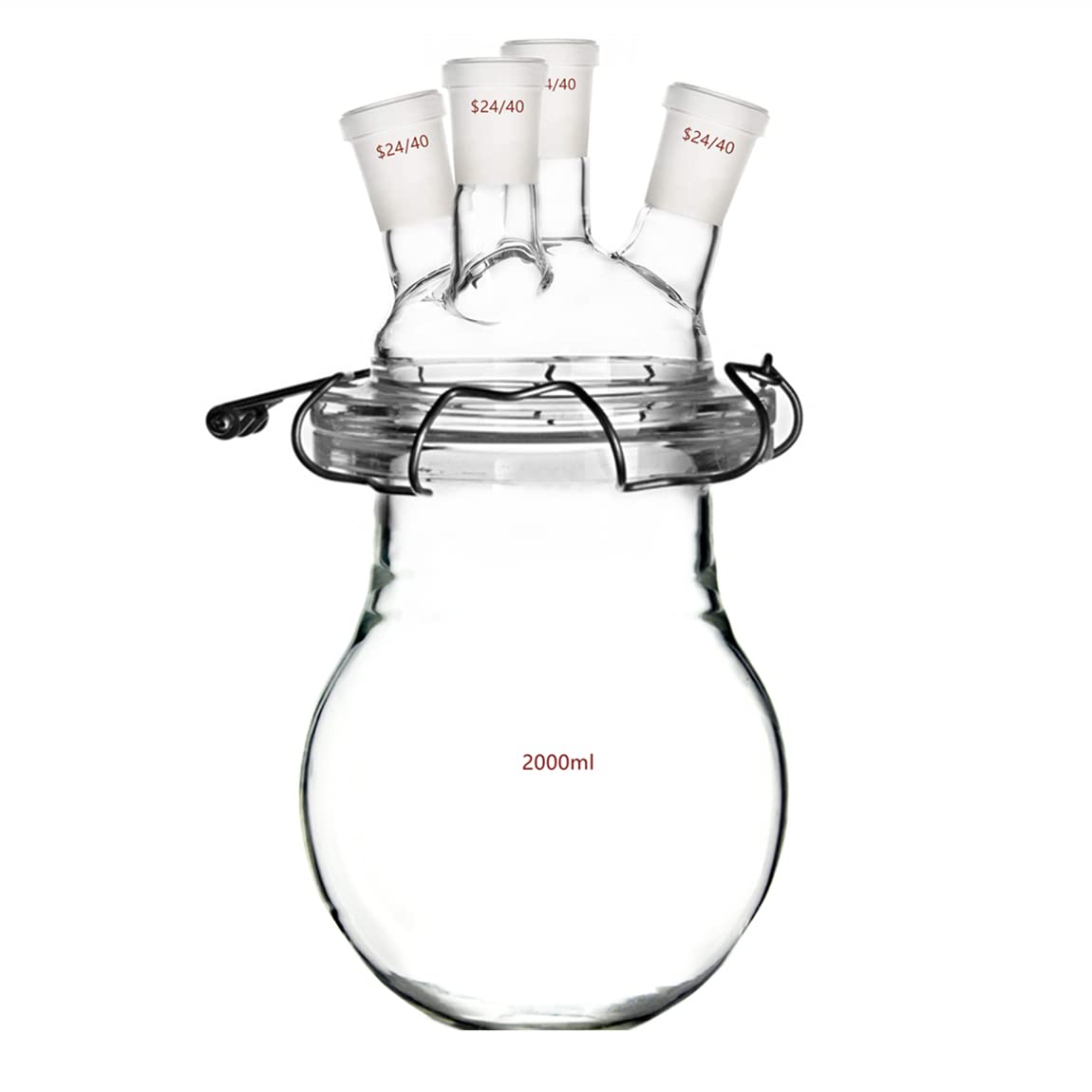24/40 Joint 4-Neck Flat Bottom Glass Reactor with Steel Clamp - Lab Reaction Vessel for Chemical Synthesis, Distillation & Research Experiments