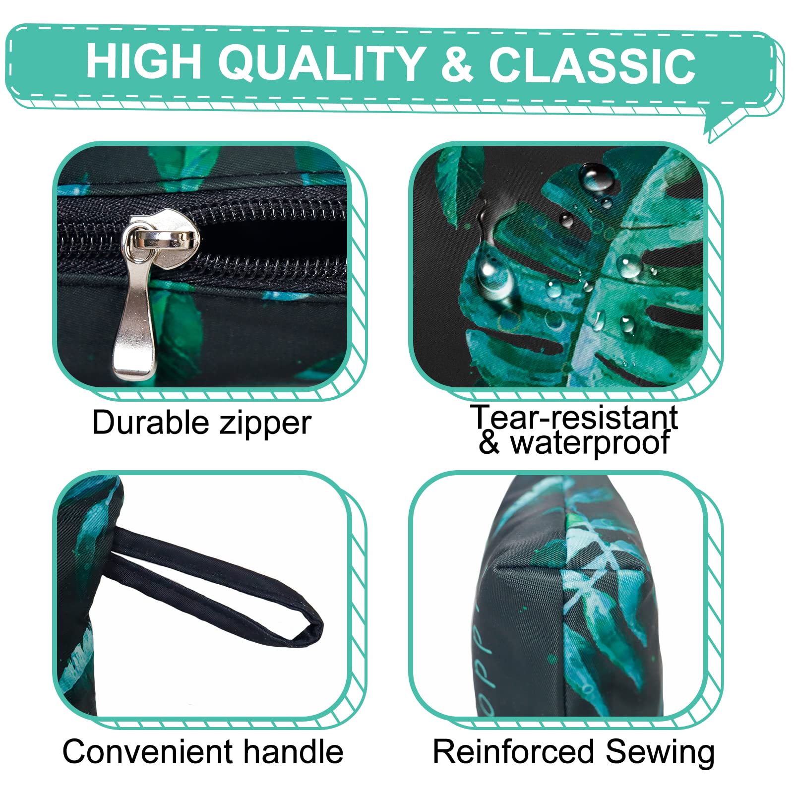 Gloppie Small Makeup Bag for Women - Waterproof Zipper Cosmetic Pouch for Purse Essentials, Sunscreen & Travel Toiletries - Green Leaves Design - Perfect for Daily Use, Travel & Gift Giving