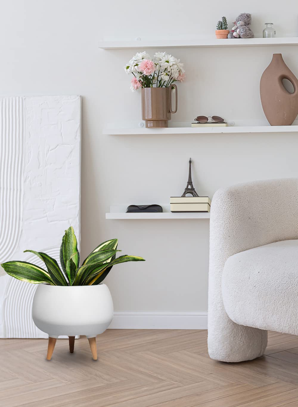 Serene Spaces Matte White Ceramic Plant Pot Holder with Wooden Legs – 9