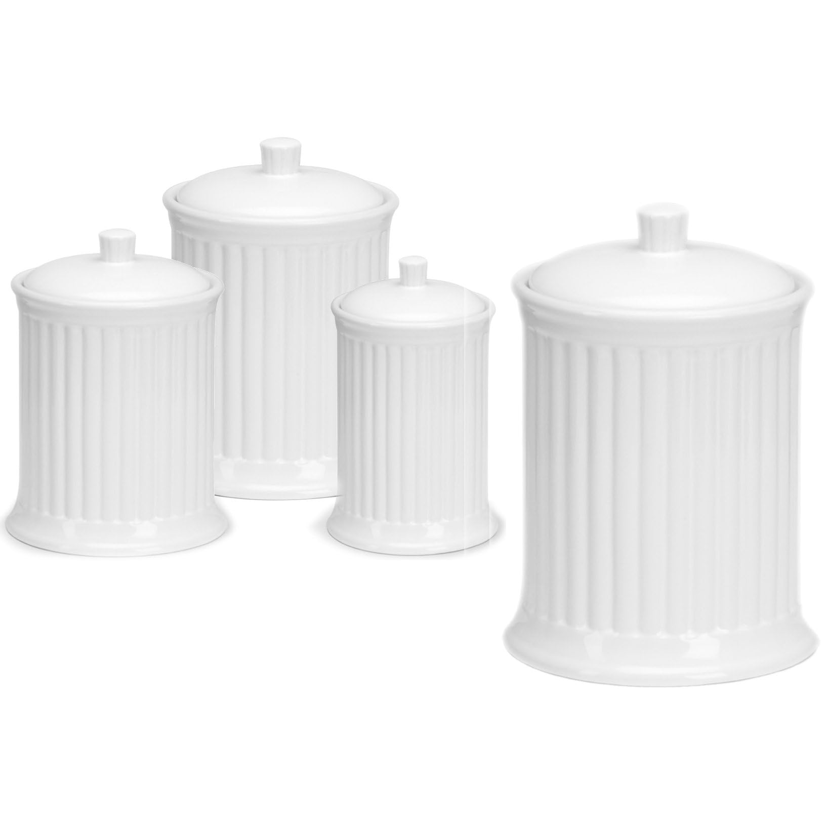 Omniware Simsbury 4-Piece Stoneware Canister Set - Airtight Kitchen Storage Containers with Silicone-Sealed Lids, Lead-Free & Dishwasher Safe - Farmhouse-Style Flour, Sugar, Coffee & Tea Canisters (White) - Perfect for Pantry Organization & Countertop Display