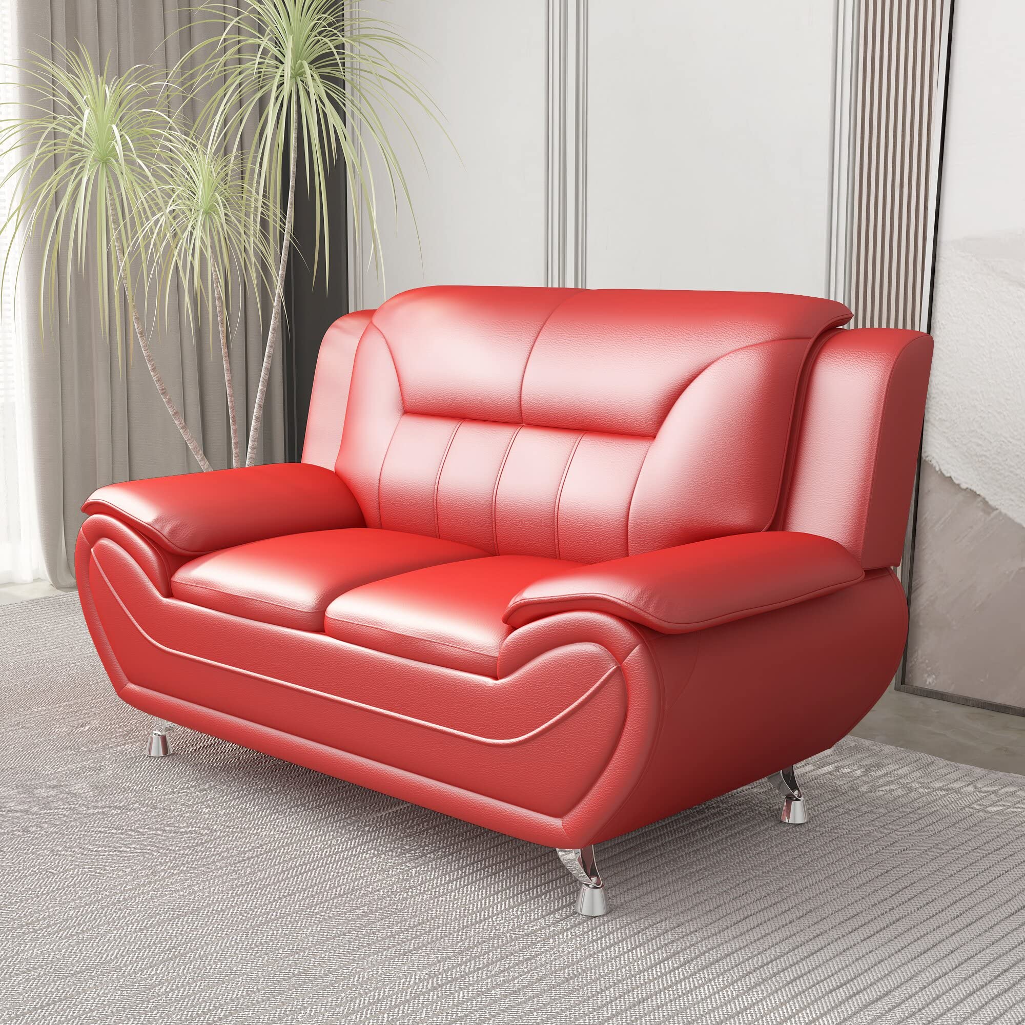 Michael Modern Faux Leather Loveseat with Stainless Steel Legs - Red Upholstered Sofa for Living Room | Perfect for Small Spaces, Apartments & Cozy Home Decor