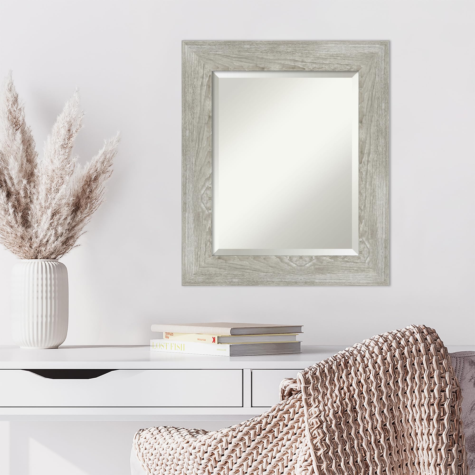 Amanti Art 26x22 Inch Grey Wall Mirror - Dove Greywash Rectangle Bathroom & Living Room Decor with Rustic Farmhouse Frame, Beveled Edge (Horizontal or Vertical Hanging) - Perfect for Bathroom Vanity, Entryway, Bedroom & Farmhouse Style Home Decor