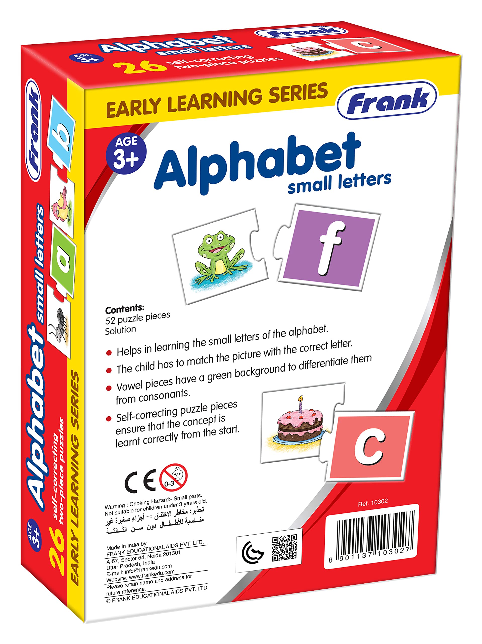 Frank Alphabet Small Letters Jigsaw Puzzles for Kids Ages 3-7 | 26 Self-Correcting 2-Piece Puzzles (52 Pcs) | Fun Educational Learning Toys for Preschool & Kindergarten | Perfect Birthday Gift for Boys & Girls | Classroom & Homeschool ABC Learning Activity