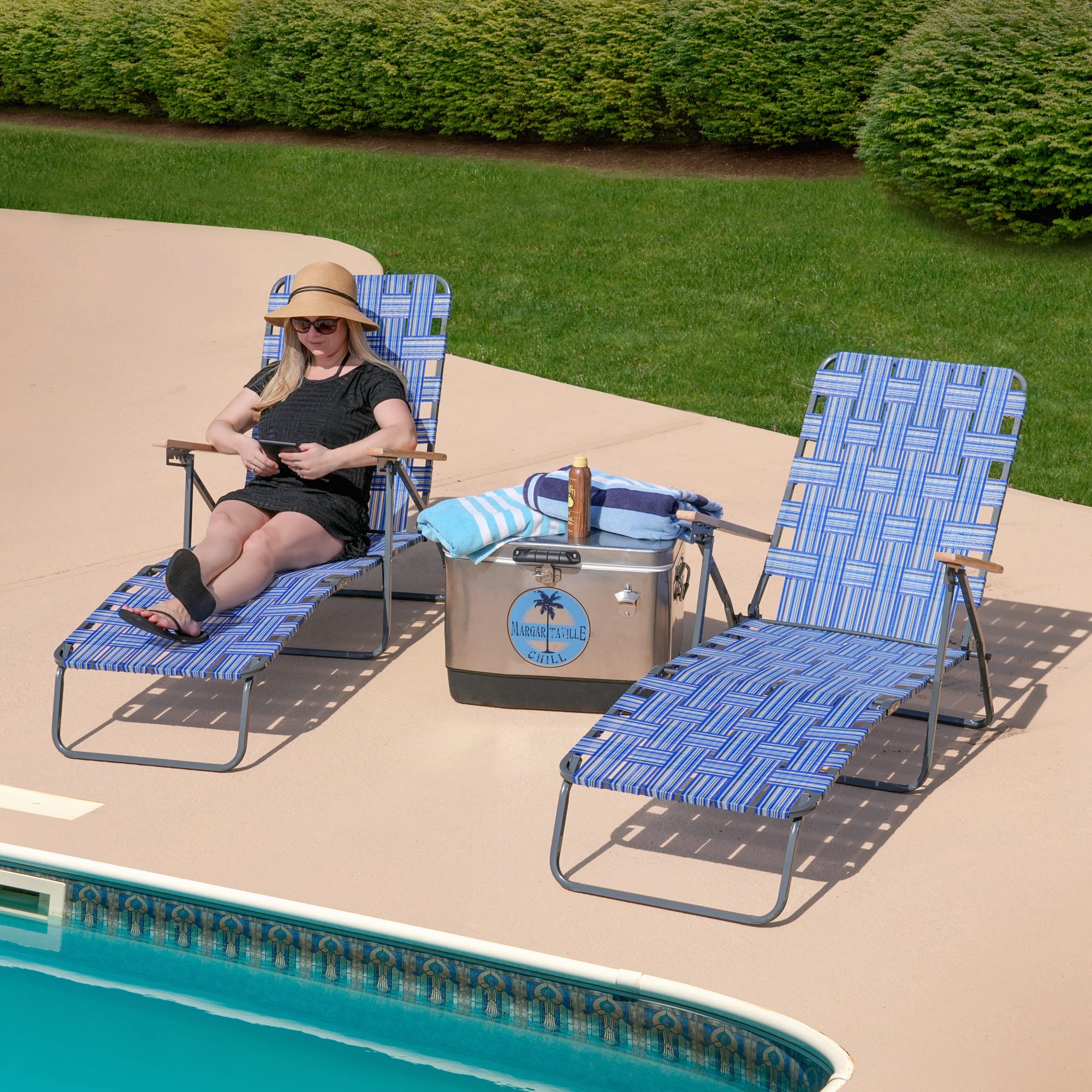Heavy Duty Steel Folding Outdoor Camping Chair with Blue Woven Fabric & Armrests - Portable Patio Chairs for Backyard, Beach, Picnic & Tailgating (Set of 2) - Perfect for Camping Trips, BBQs, and Outdoor Events