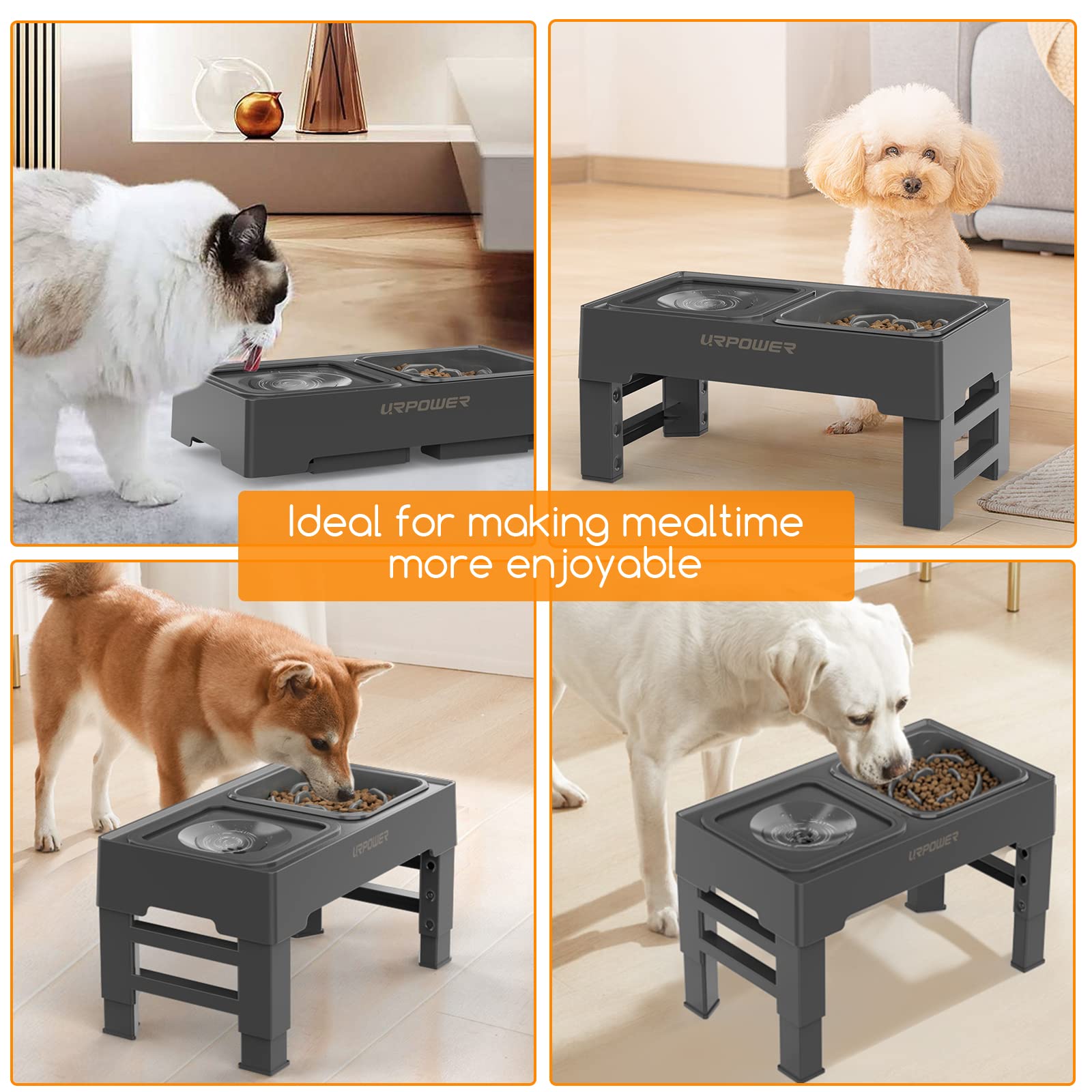 URPOWER 2-in-1 Elevated Slow Feeder Dog Bowl with No Spill Water Bowl - 4 Height Adjustable Raised Pet Feeder for Small, Medium & Large Dogs, Cats - Anti-Choking & Digestion Aid for Fast Eaters - Perfect for Home, Travel & Outdoor Use
