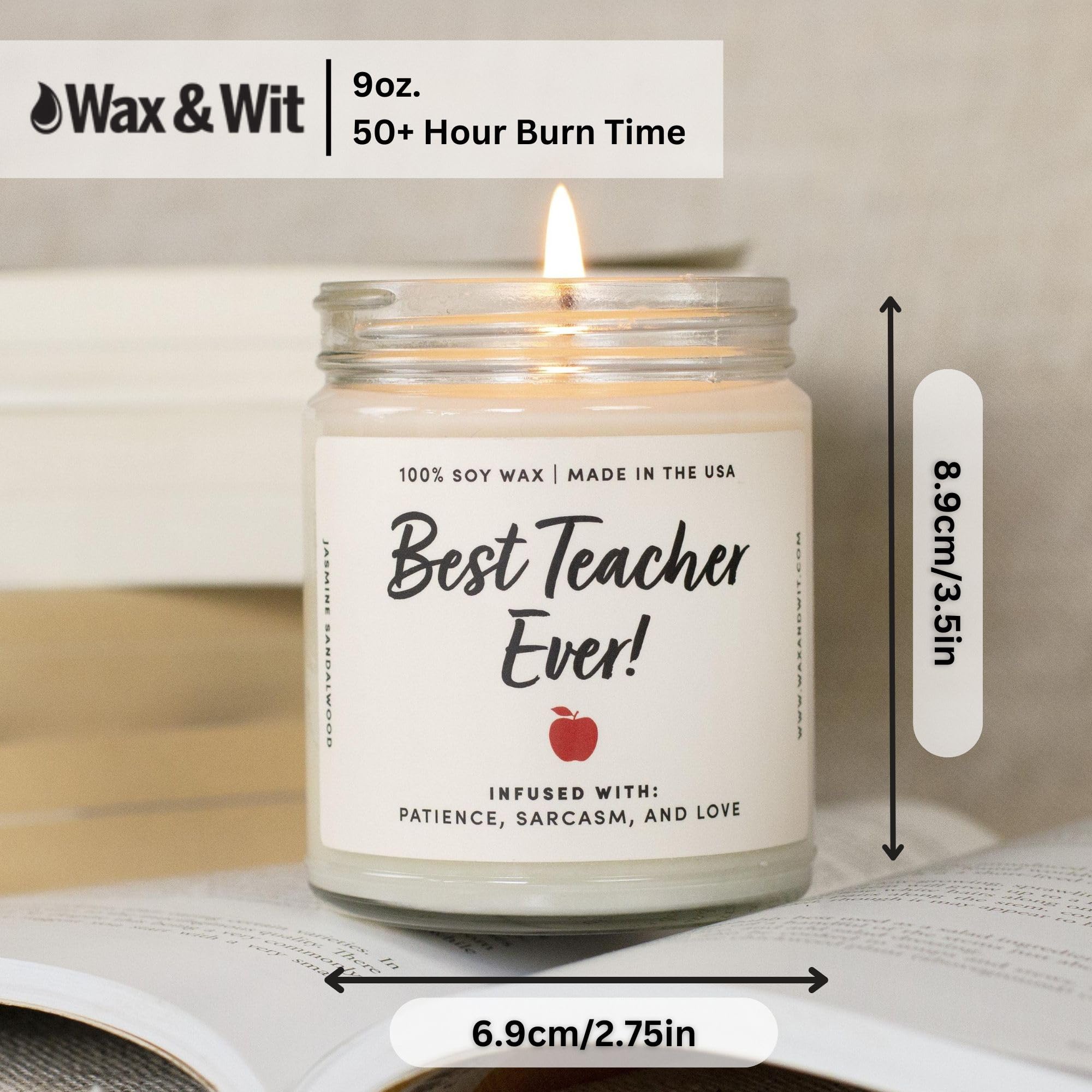 Premium Jasmine Sandalwood Soy Wax Candle - 9oz, 50-Hour Burn Time, Teacher Appreciation Gift for Women - Infused with Patience, Sarcasm & Love | Perfect for Classrooms, Teacher's Lounge, Relaxation & Aromatherapy