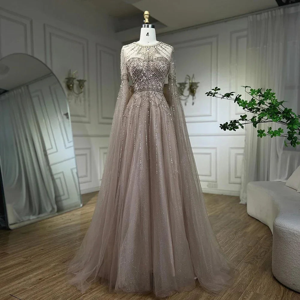Elegant Blue A-Line Arabic Cape Sleeve Evening Gown with Beaded Bow Detail - Luxury Formal Dress for Women 2025 | Perfect for Weddings, Galas & Special Occasions