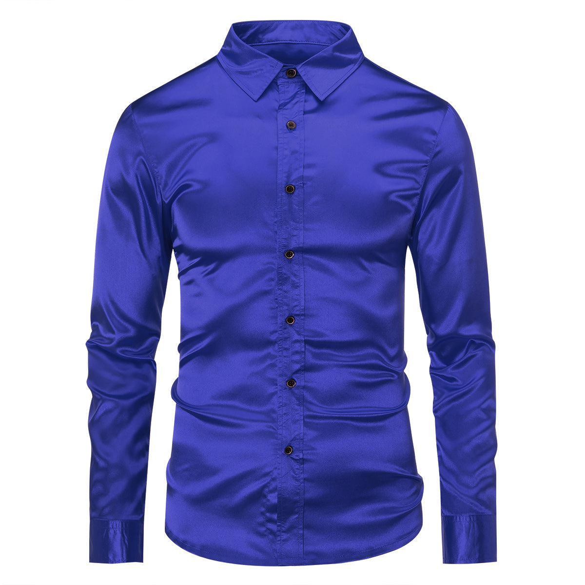 Stylish Men's Shiny Long Sleeve Lapel Dress Shirt - Blue Casual Business Attire for Office, Party & Date Nights
