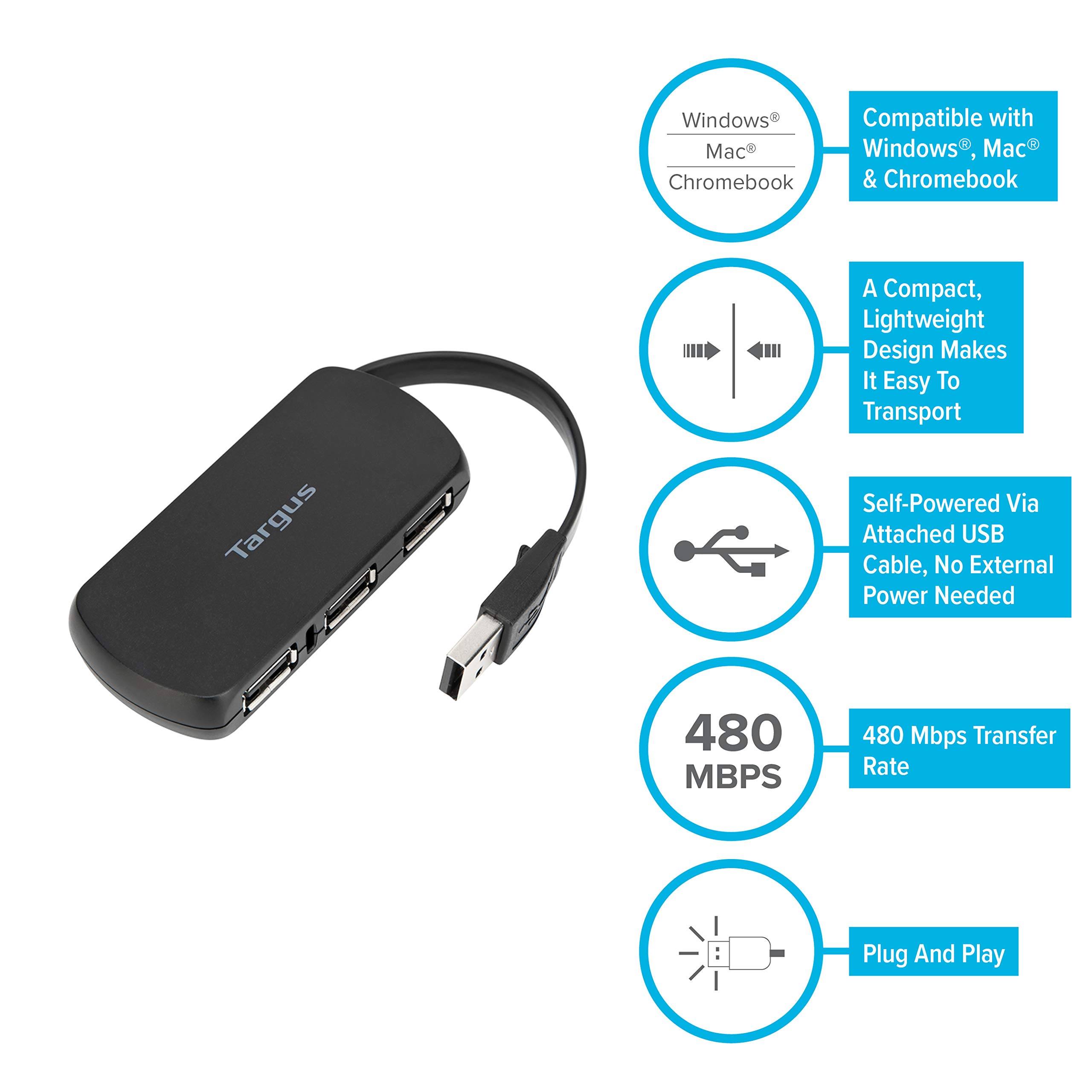Targus 4-Port USB 3.0 Desktop Hub with Fast Data Transfer - Black (ACH114EU) - Perfect for Home Office, Gaming & Multiple Device Charging
