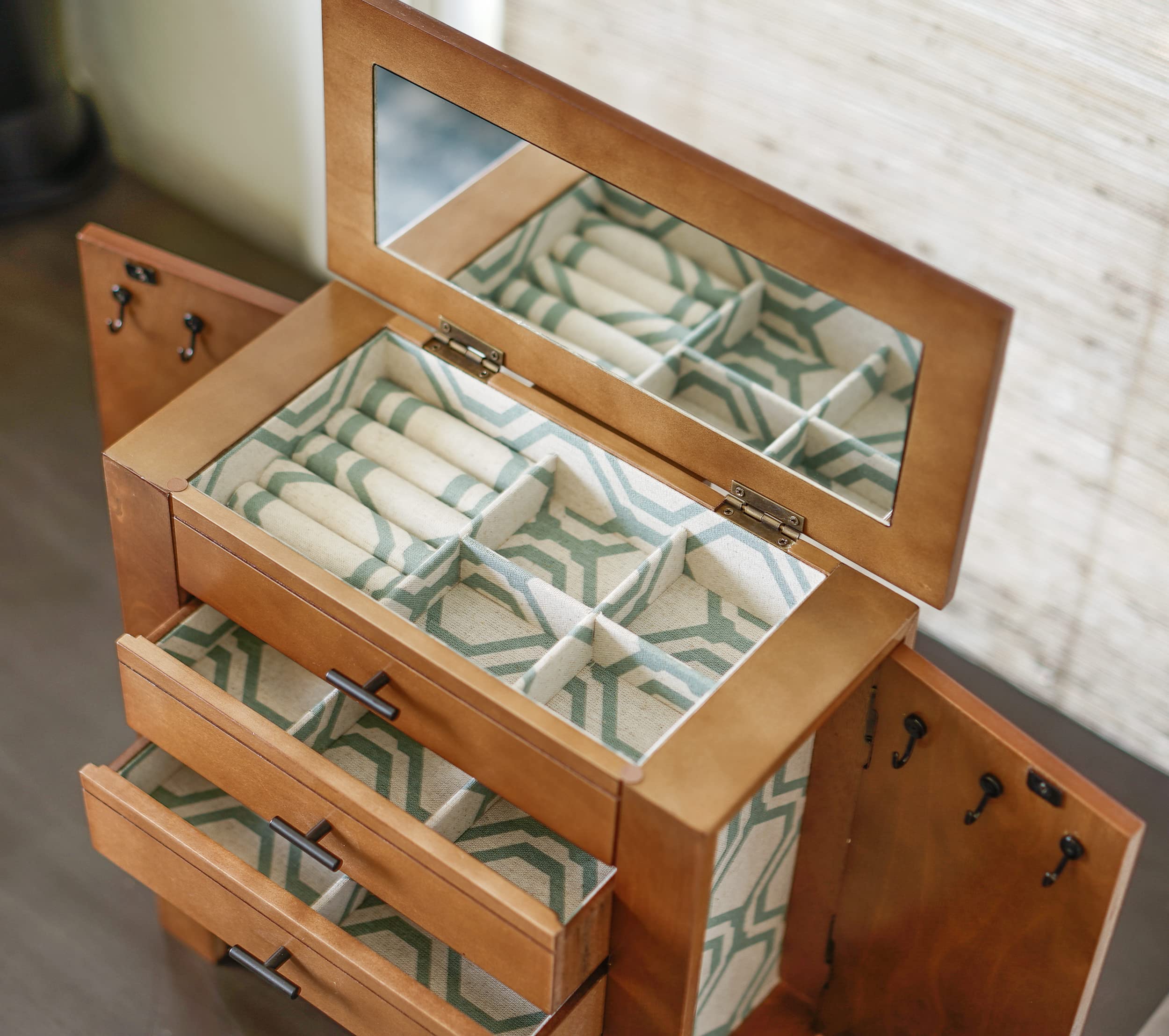 Emma Elegant Jewelry Organizer - 4-Drawer Wooden Chest with Necklace Hooks & 2 Doors - Stylish Dresser-Top Storage Box for Necklaces, Rings & Accessories - Pine Wood Jewelry Box for Bedroom Vanity & Gift Giving