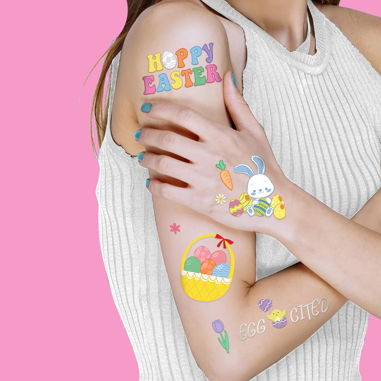 56 Glitter Easter Temporary Tattoos - Bunny & Egg Designs for Easter Basket Stuffers, Spring Crafts & Kids Activities - Perfect for Easter Decorations, Party Favors & DIY Art Projects