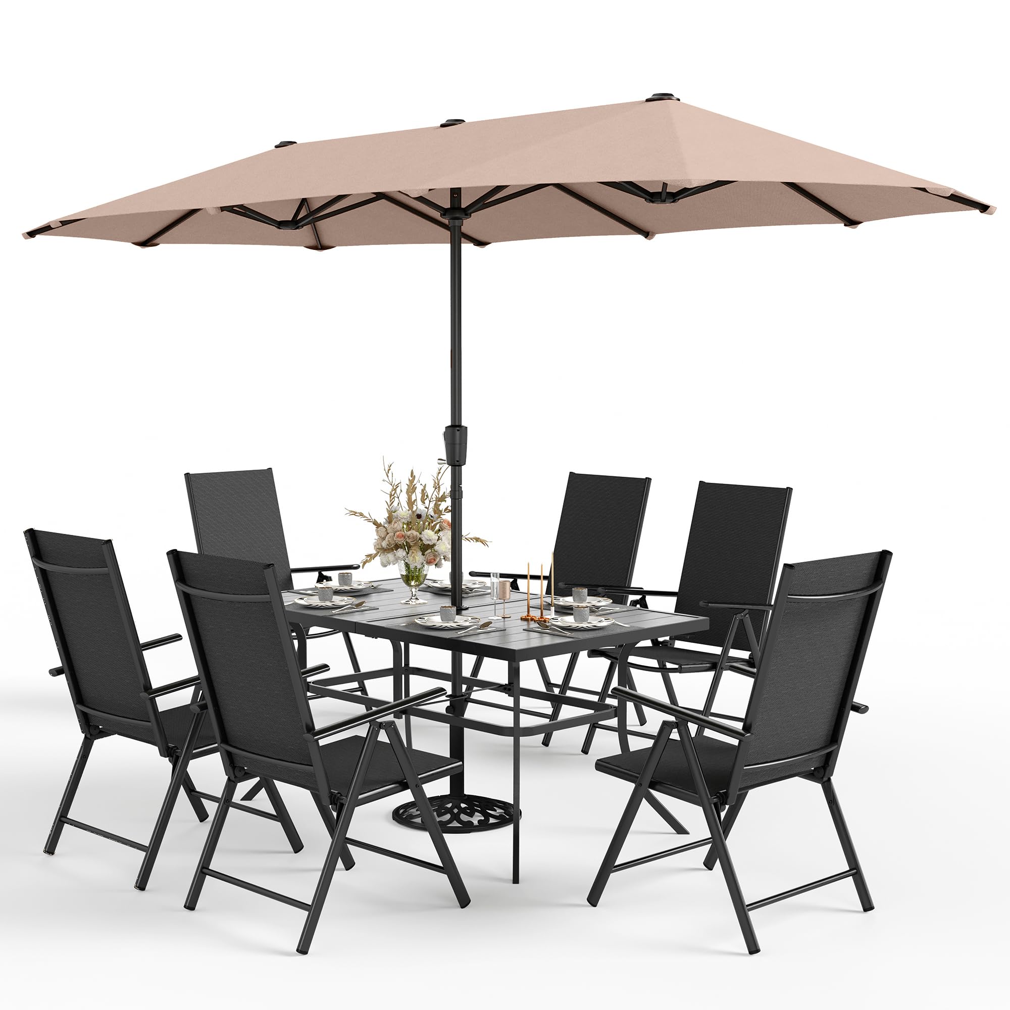 Sophia & William 7-Piece Outdoor Dining Set with 13ft Beige Umbrella - Folding Metal Patio Table & 6 Sling Chairs for Backyard, Garden, Poolside or Deck - Black Rectangular Furniture Set