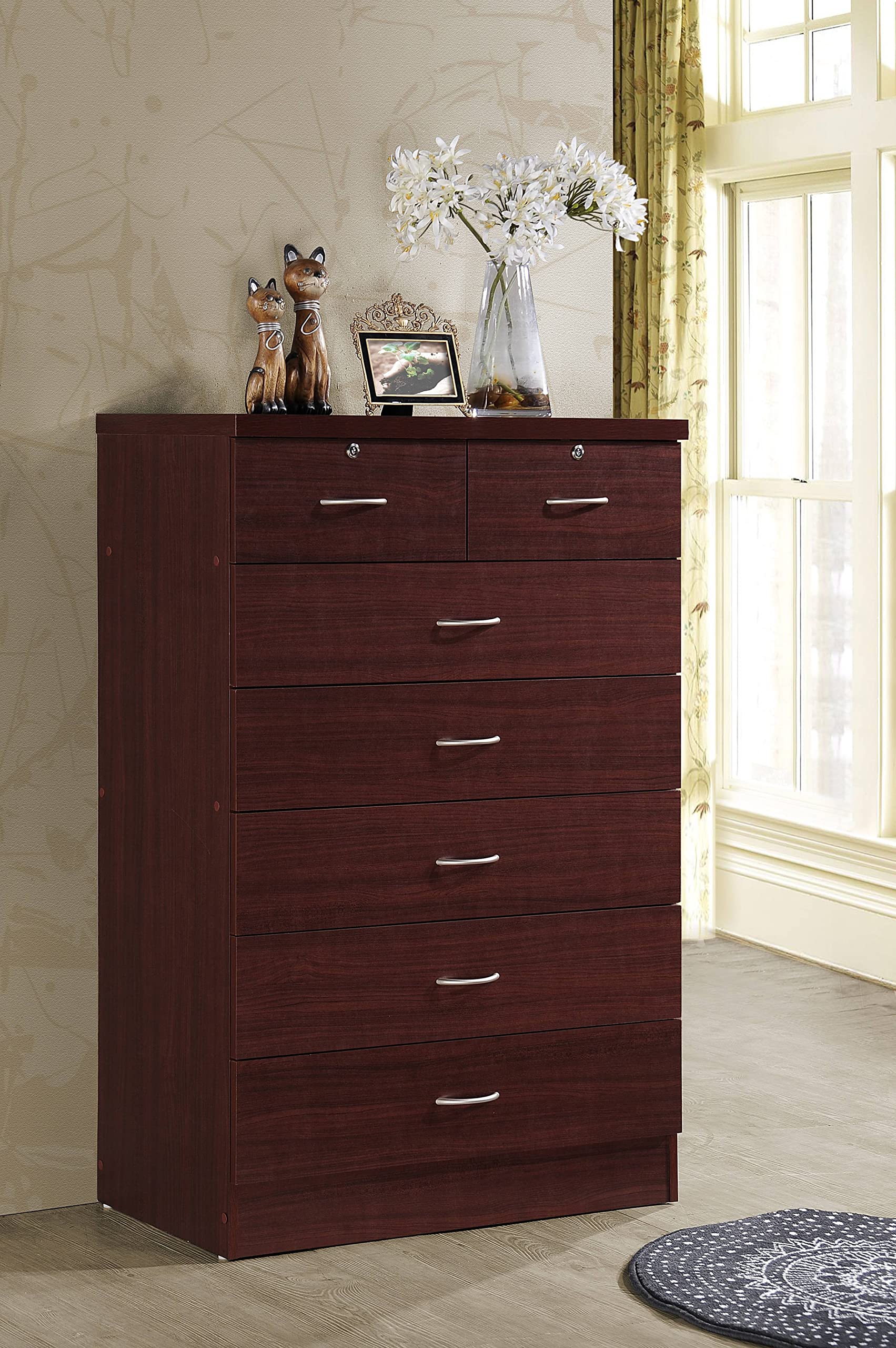 HODEDAH 7-Drawer Wooden Dresser for Bedroom - 31.5 Inch Wide Chest of Drawers with 2 Locking Top Drawers - Mahogany Storage Organizer for Clothes, Bedroom Furniture - Perfect for Master Bedroom, Guest Room & Dorm Organization