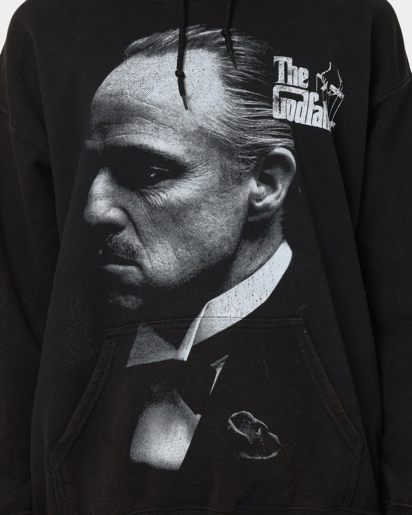 The Godfather Vintage Hoodie - Black Wash Distressed Cotton Pullover | American Thrift Streetwear | Perfect for Movie Fans & Retro Fashion Lovers