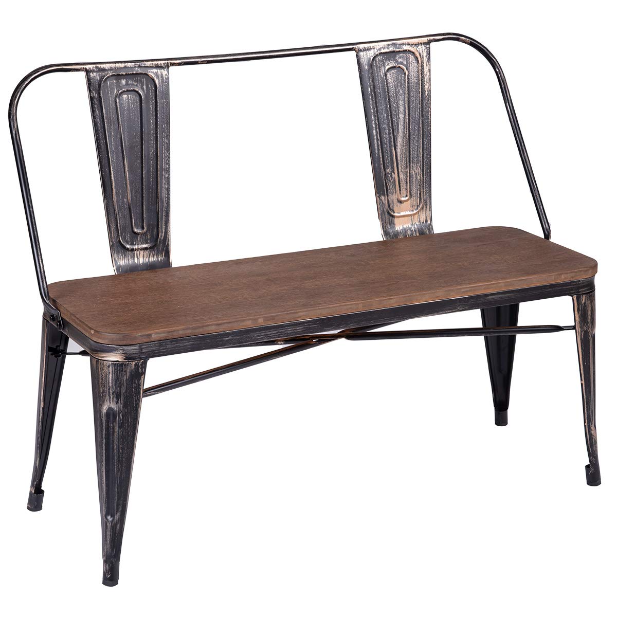 Rustic Vintage Distressed Dining Table Bench - Solid Wood Seat Panel with Sturdy Metal Backrest & Legs | Perfect for Farmhouse, Industrial, and Shabby Chic Home Decor