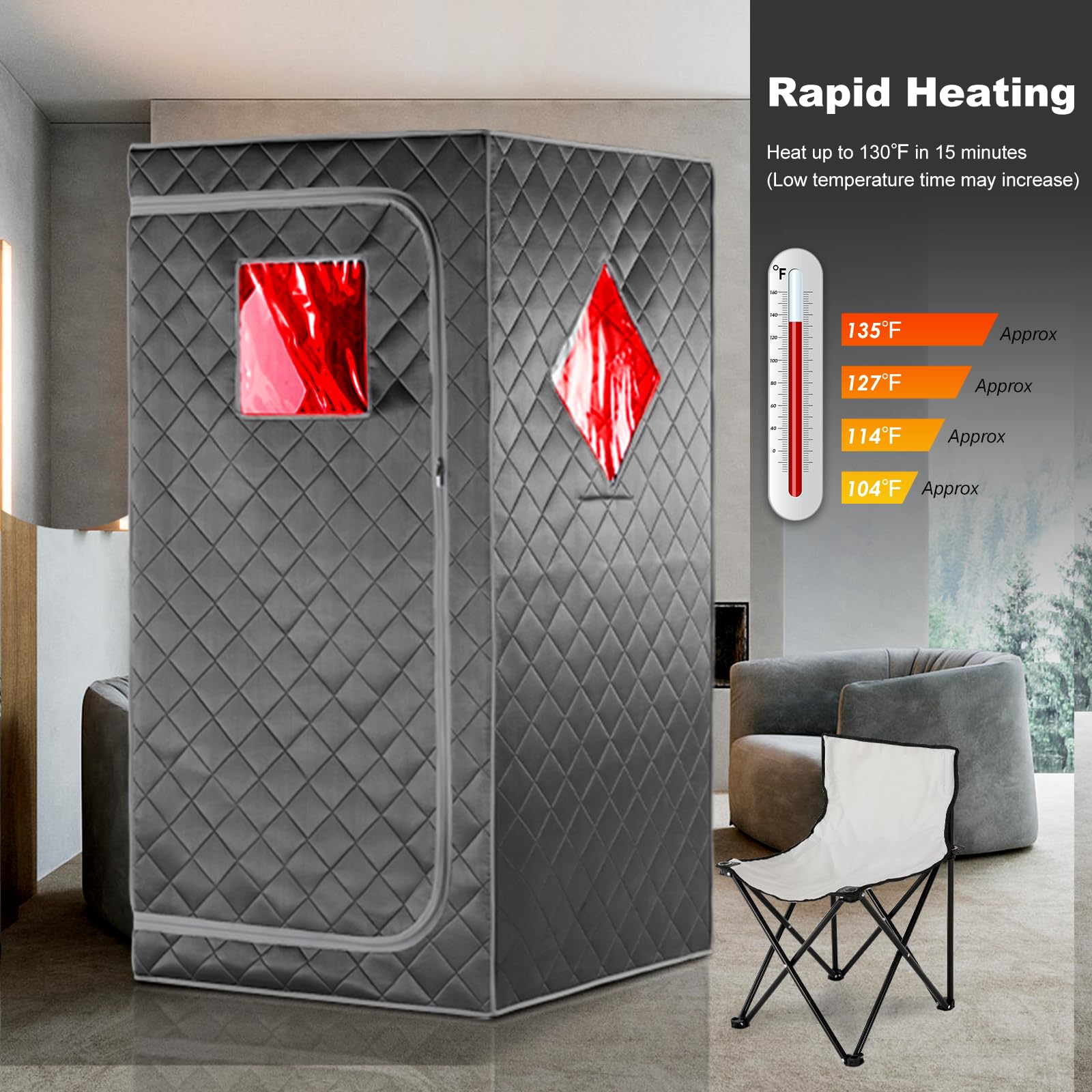 Full Size Portable Infrared Sauna for Home - Personal Spa Tent with Remote Control, Heating Foot Pad & Foldable Chair (Grey, 33.8