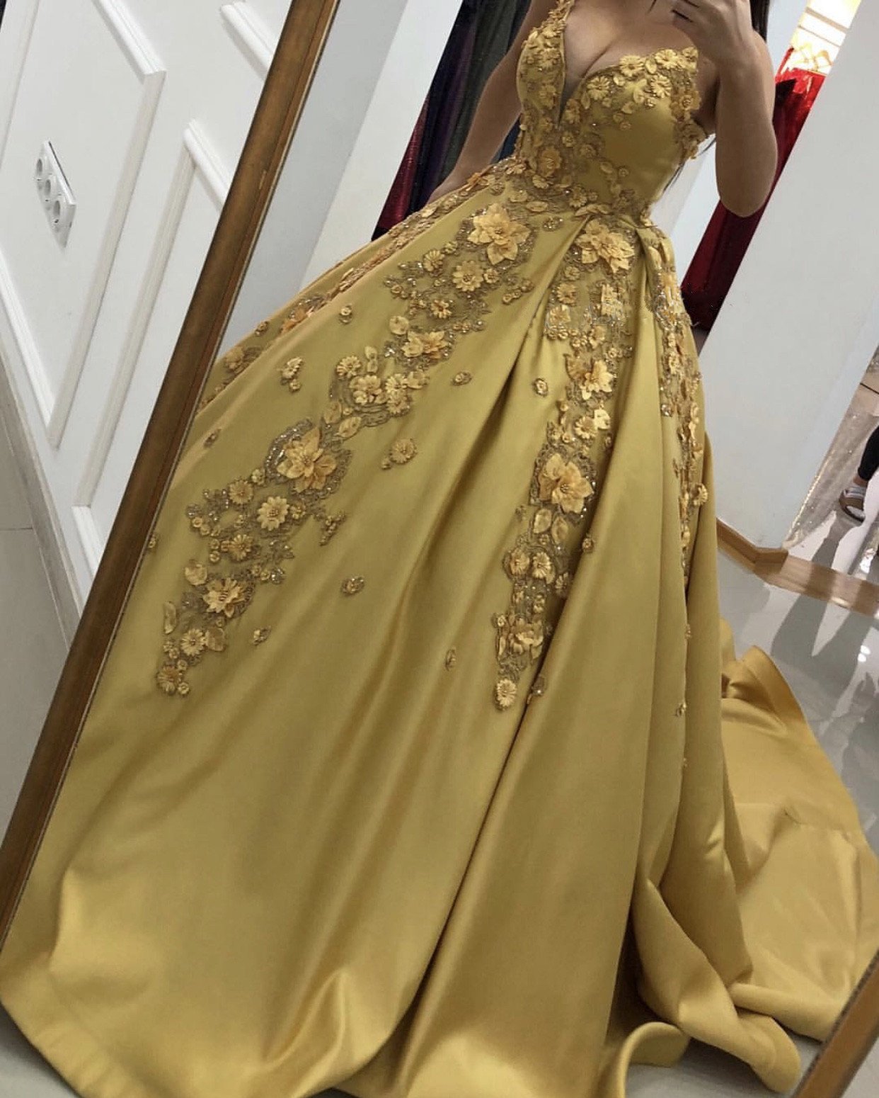 Elegant 3D Lace Flower Embroidery Satin Ball Gown Dress for Prom, Wedding & Formal Events - Plus Size Options Available