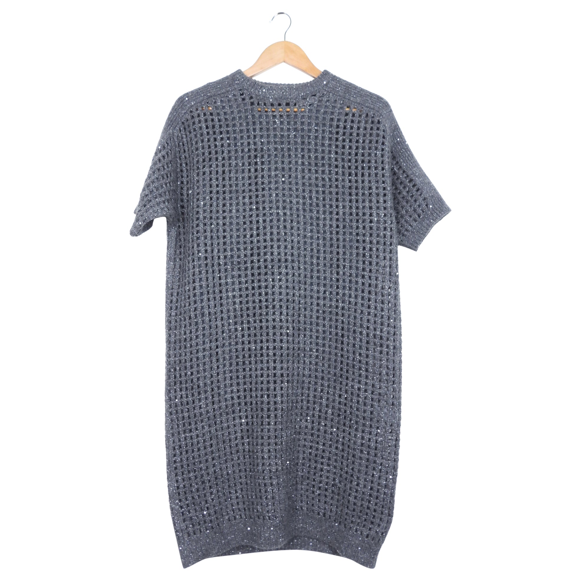 Brunello Cucinelli Charcoal Grey Wool Blend Sequin Knit Mesh Dress - Elegant Evening Wear for Parties & Special Occasions