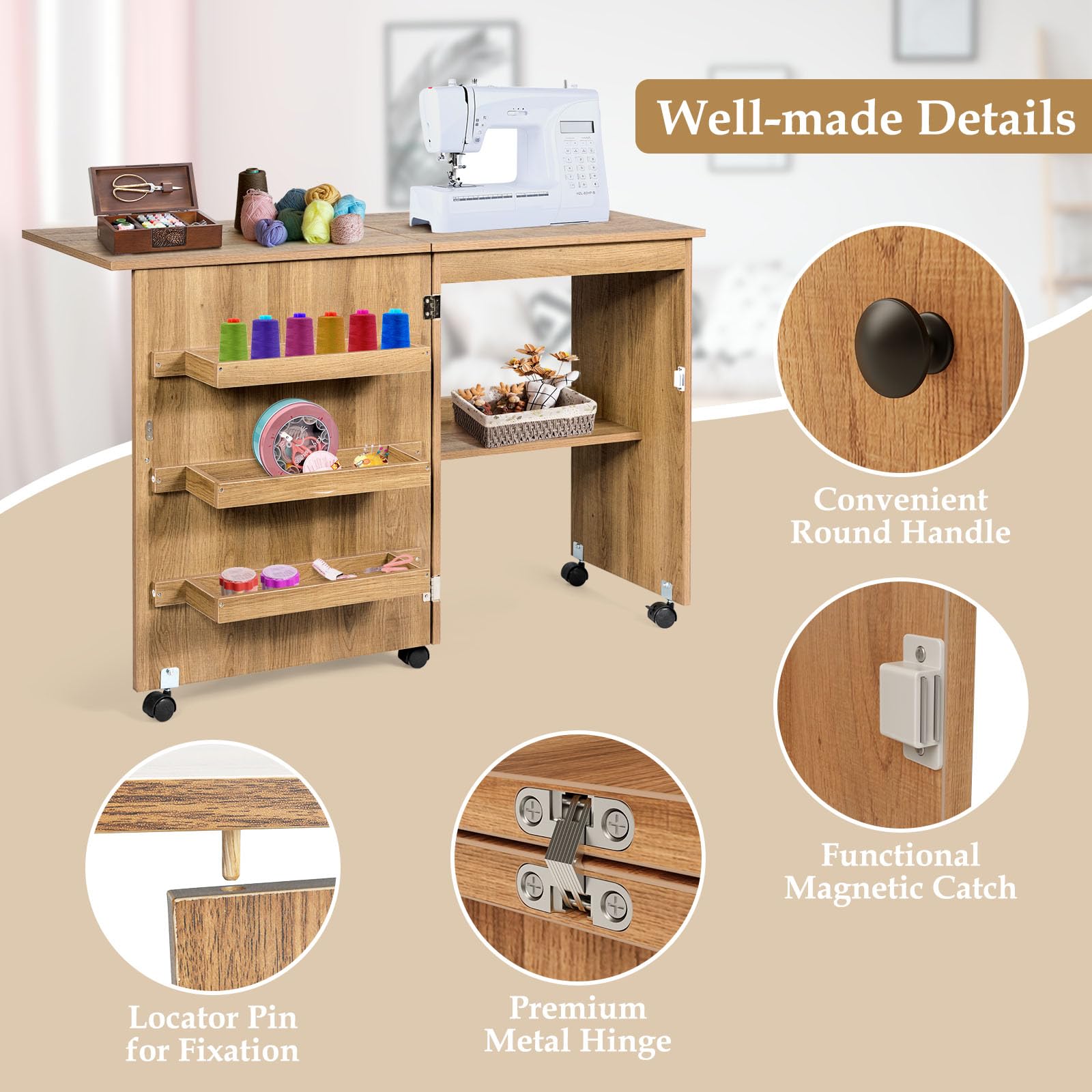 COSTWAY Folding Sewing Table with Lockable Wheels - Multipurpose Craft Station Desk & Display Cabinet with Storage Shelves - Rolling Sewing Machine Table for Home, Apartment (Natural Finish) | Perfect for Quilting, DIY Projects & Small Space Organization