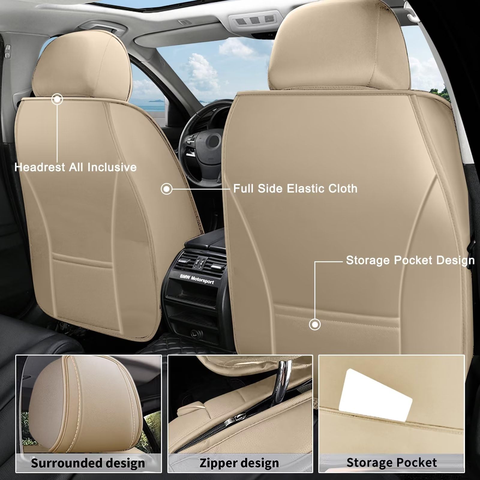 Premium Leather Car Seat Covers for Ford Bronco Sport 2021-2025 - 2 Front Seat Protectors, Airbag Compatible & Waterproof Beige - Perfect for Road Trips, Daily Commutes & Off-Road Adventures