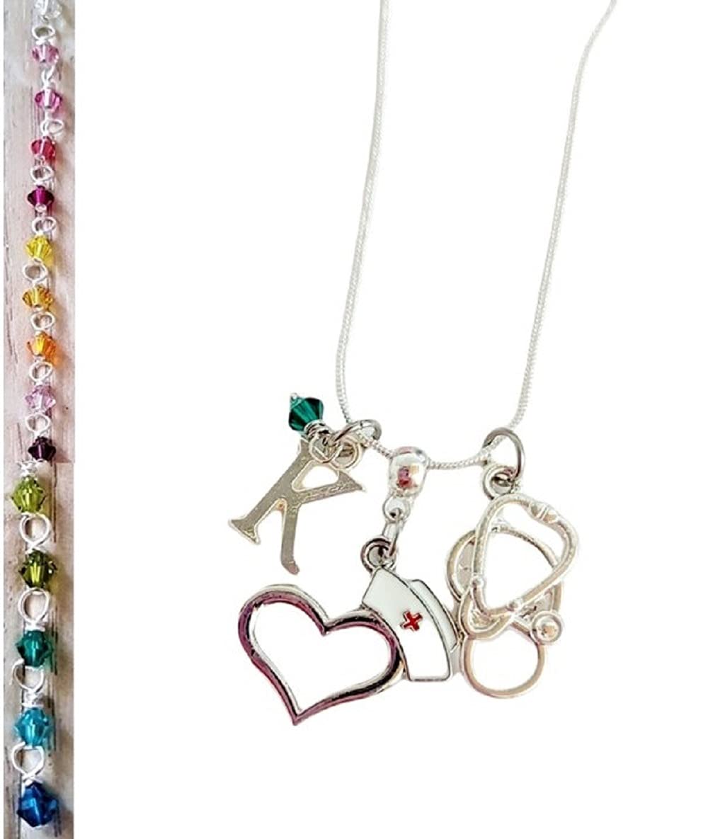 Personalized Nurse Charm Necklace with Initial & Genuine Crystal - Handmade Jewelry Gift for Nurses, Medical Professionals & Healthcare Workers (Perfect for Graduation, Appreciation Gifts & Daily Wear)
