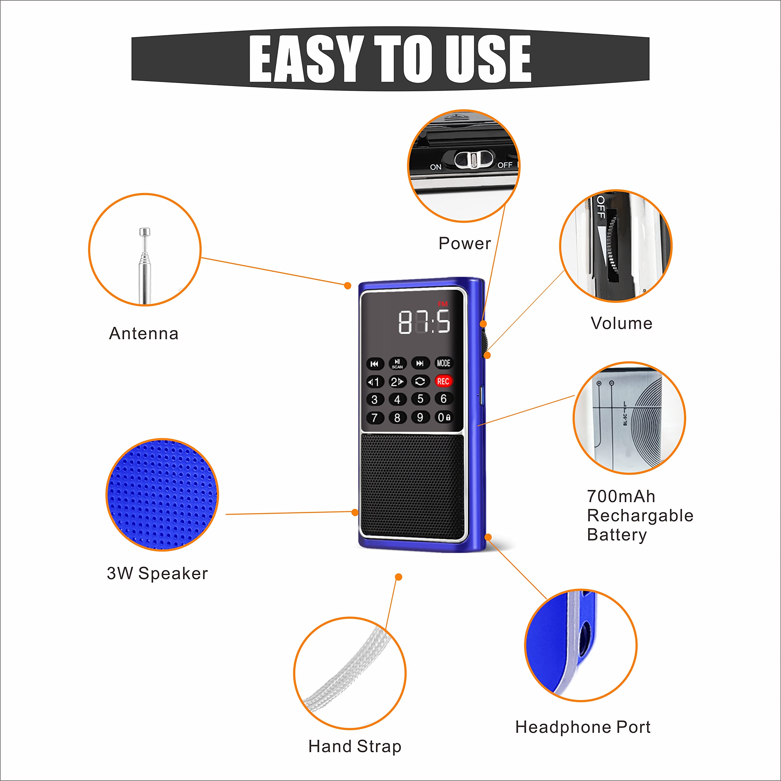 Portable FM Radio with MP3 Speaker - Rechargeable Battery, TF Card/USB Support, Music Recording & Best Reception - Perfect for Camping, Emergencies & Outdoor Activities (Blue)