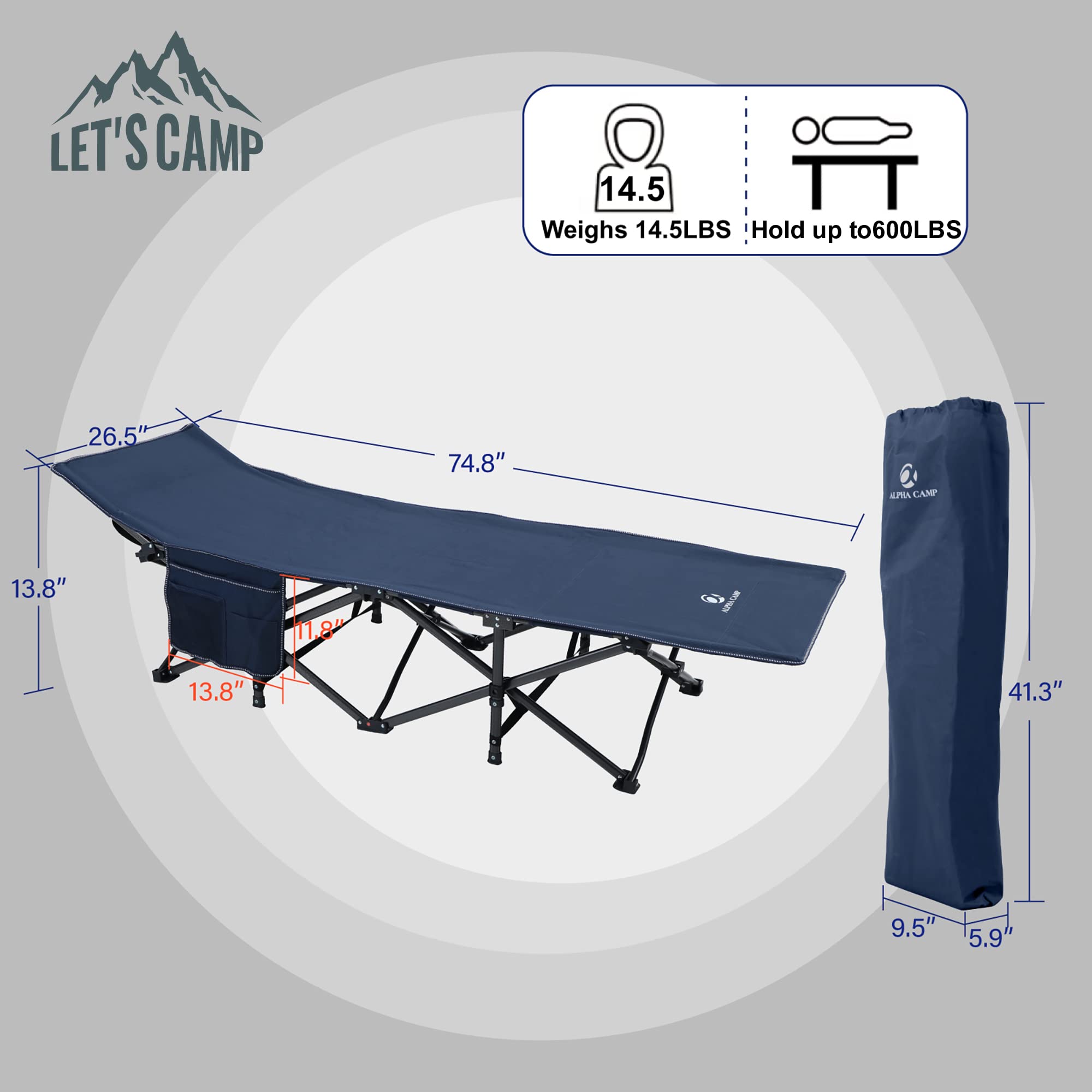 LET'S CAMP Heavy Duty Folding Camping Cot for Adults - 600 lbs Capacity, Portable Lightweight Sleeping Cot with Carry Bag - Navy Blue - Perfect for Backpacking, Hiking, and Outdoor Adventures
