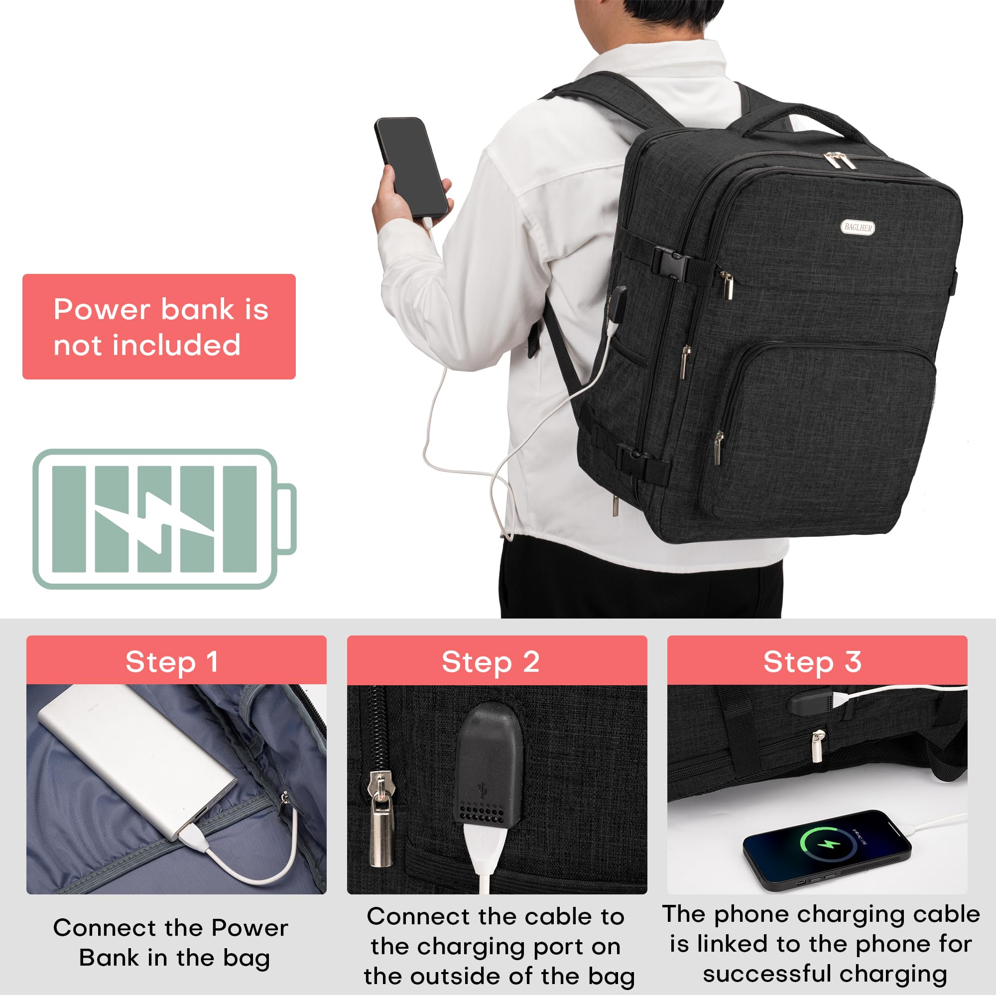 BAGLHER Travel Backpack for Men & Women - Waterproof Carry On Laptop Backpack with USB Charging Port & Shoe Compartment - Flight Approved Business Backpack for Air Travel, Hiking, Commuting & Outdoor Adventures (Black)