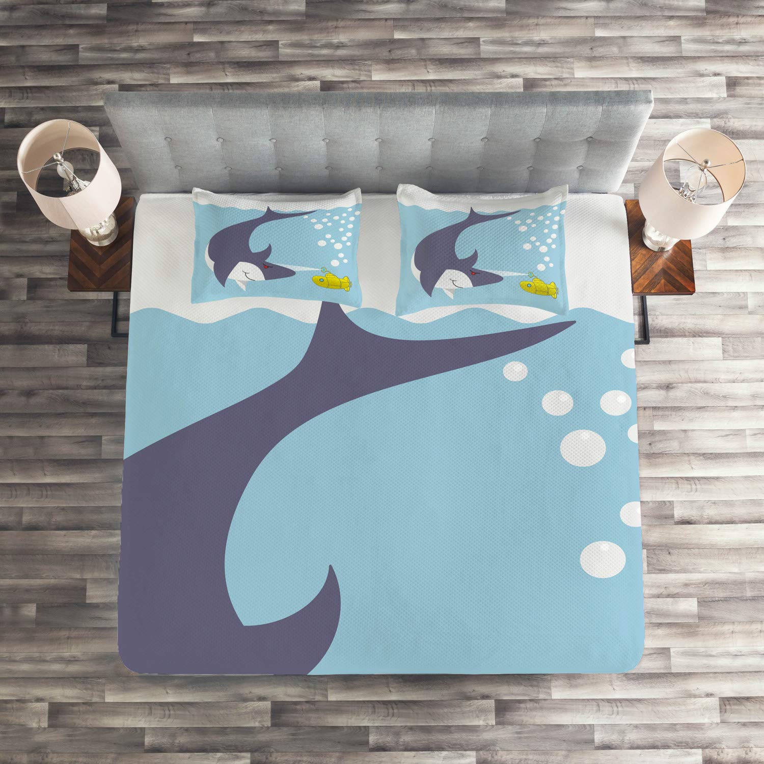 Ambesonne Yellow Submarine Quilt Set - Queen Size 3-Piece Ocean Theme Bedspread with Shark & Ship Design, Blue Grey Yellow Cartoon Bedding for Kids & Adults | Perfect for Nautical Bedroom Decor, Guest Rooms & Themed Dorm Essentials