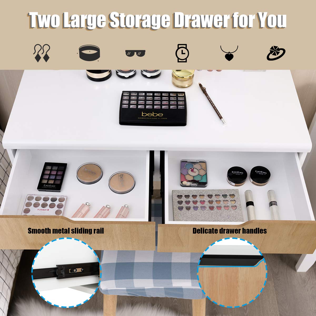 Giantex Natural Wood Vanity Set with Round Lighted Mirror - Adjustable Brightness Makeup Dressing Table with 8 LED Bulbs, Cushioned Stool & 2 Sliding Drawers | Perfect for Bedroom Decor, Bridal Makeup & Beauty Organization