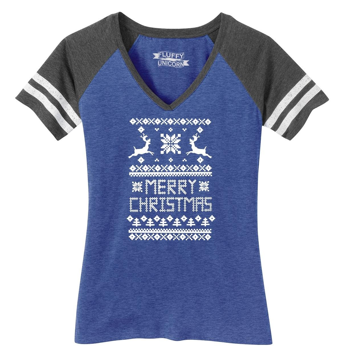 Funny Christmas Ugly Sweater V-Neck T-Shirt for Women - Festive Holiday Party Outfit & Gift Idea for Xmas Game Night