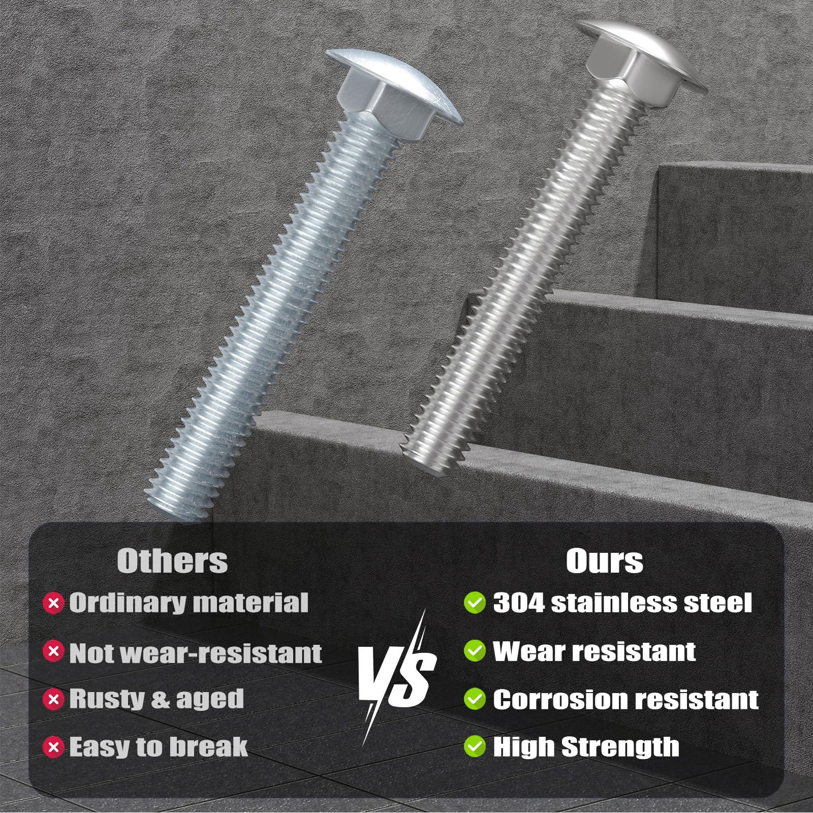 1/4-20 x 2 Inch 304 Stainless Steel Carriage Bolts with Nuts Kit - 18 Sets, Round Head Square Neck, Includes Flat Washers - Perfect for Furniture Assembly, DIY Projects, and Outdoor Construction