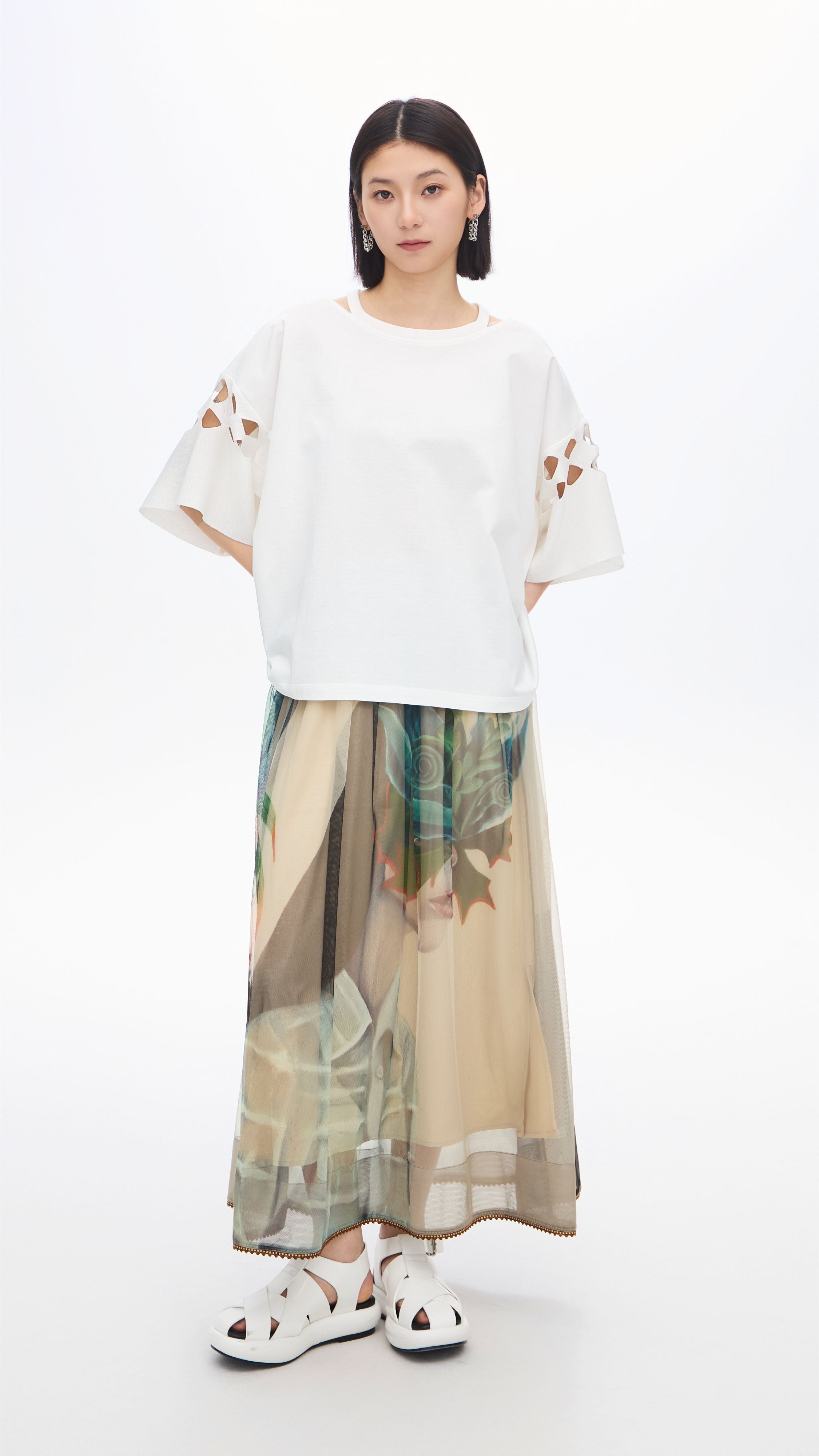 Mariko Enomoto Women's Graphic Print Pleated Mesh Skirt - Stylish Flowy Midi Skirt for Party, Club, and Casual Outfits