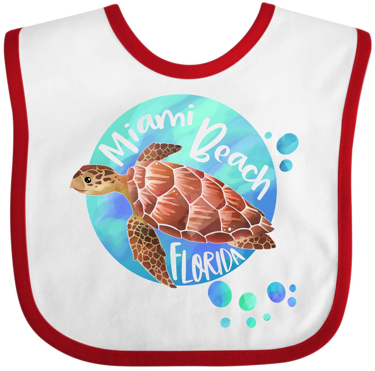 Inktastic Miami Beach Florida Swimming Sea Turtle with Bubbles Baby Bib - Soft & Cute Infant Feeding Bib for Beach Vacation, Pool Party & Photo Shoots